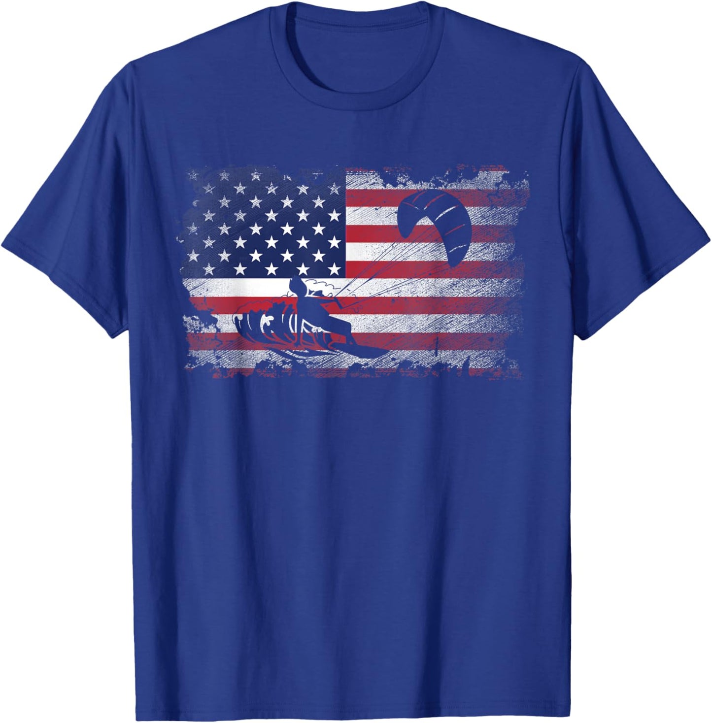 Distressed American Flag Kiteboarding USA Patriotic Gift Women Kids Men T-Shirt - T-Shirt | Royal
