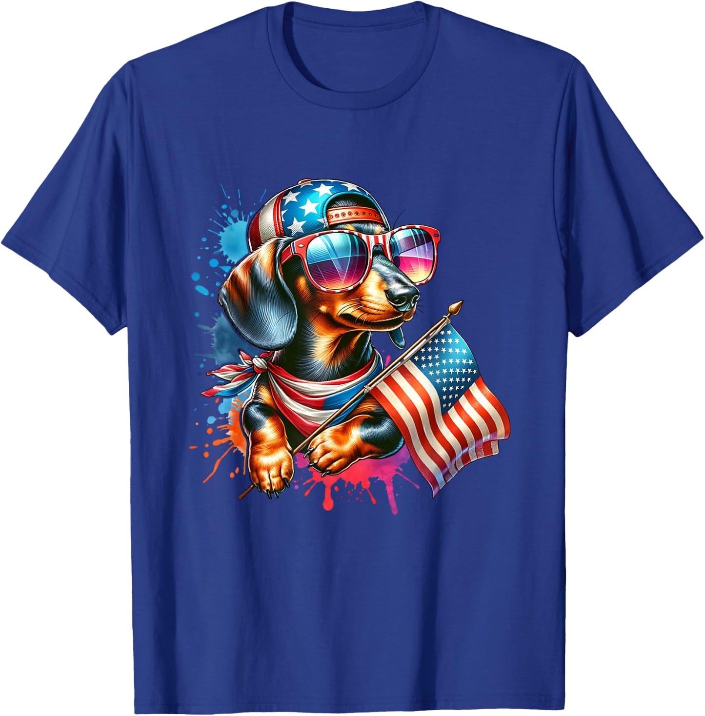 4th Of July Dachshund Dog Holding American Flag Dog Lover T-Shirt - T-Shirt | Royal