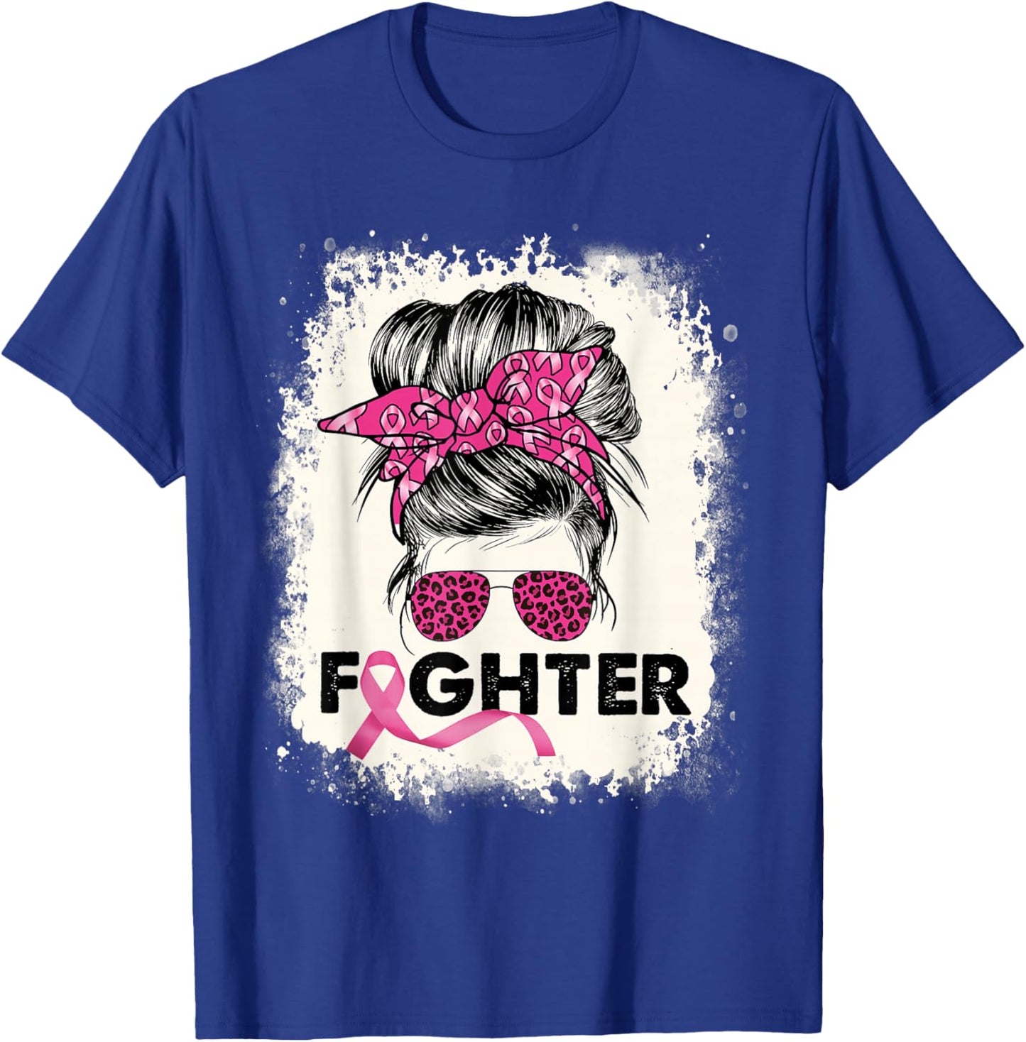 Fighter Messy Bun Breast Cancer Awareness Pink Warrior T-Shirt - T-Shirt | Royal