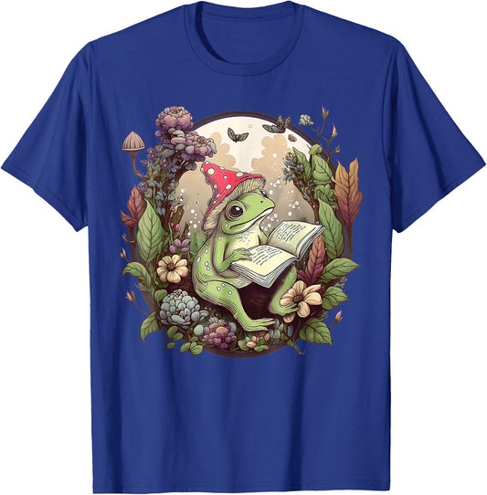 Cottagecore Aesthetic Frog Reading Book Mushroom Hat Floral T-Shirt - T-Shirt | Royal