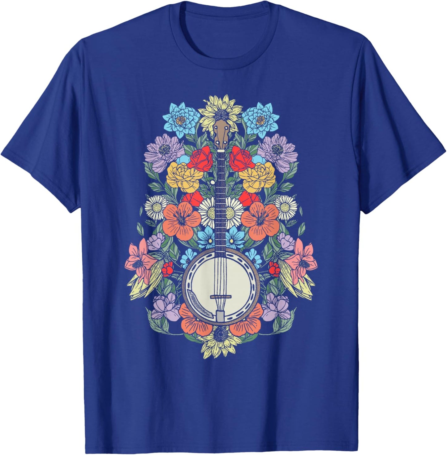 Banjo Flowers Vintage Stringed Bluegrass Folk Floral Pattern T-Shirt - T-Shirt | Royal