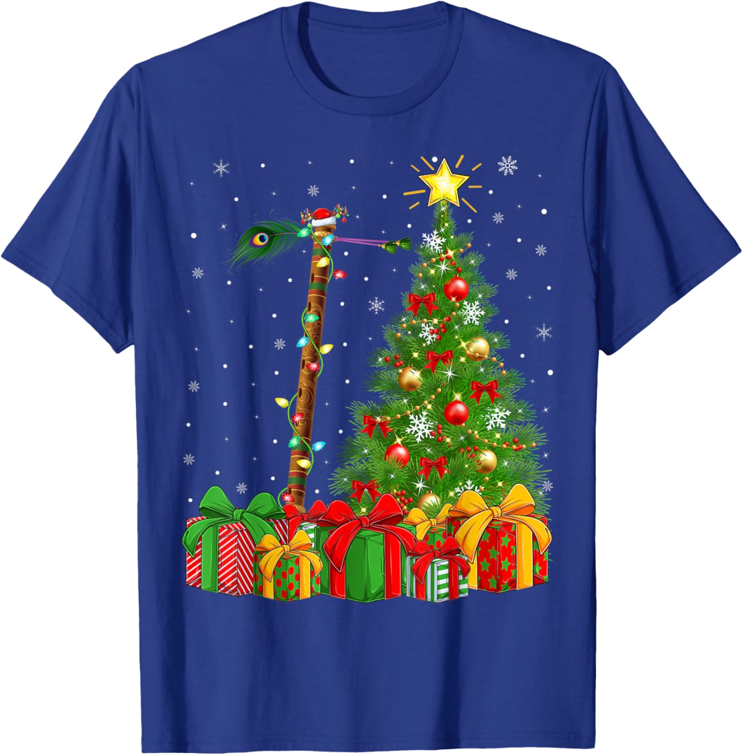 Flute Music Lighting Xmas Tree Santa Hat Flute Christmas T-Shirt - T-Shirt | Royal