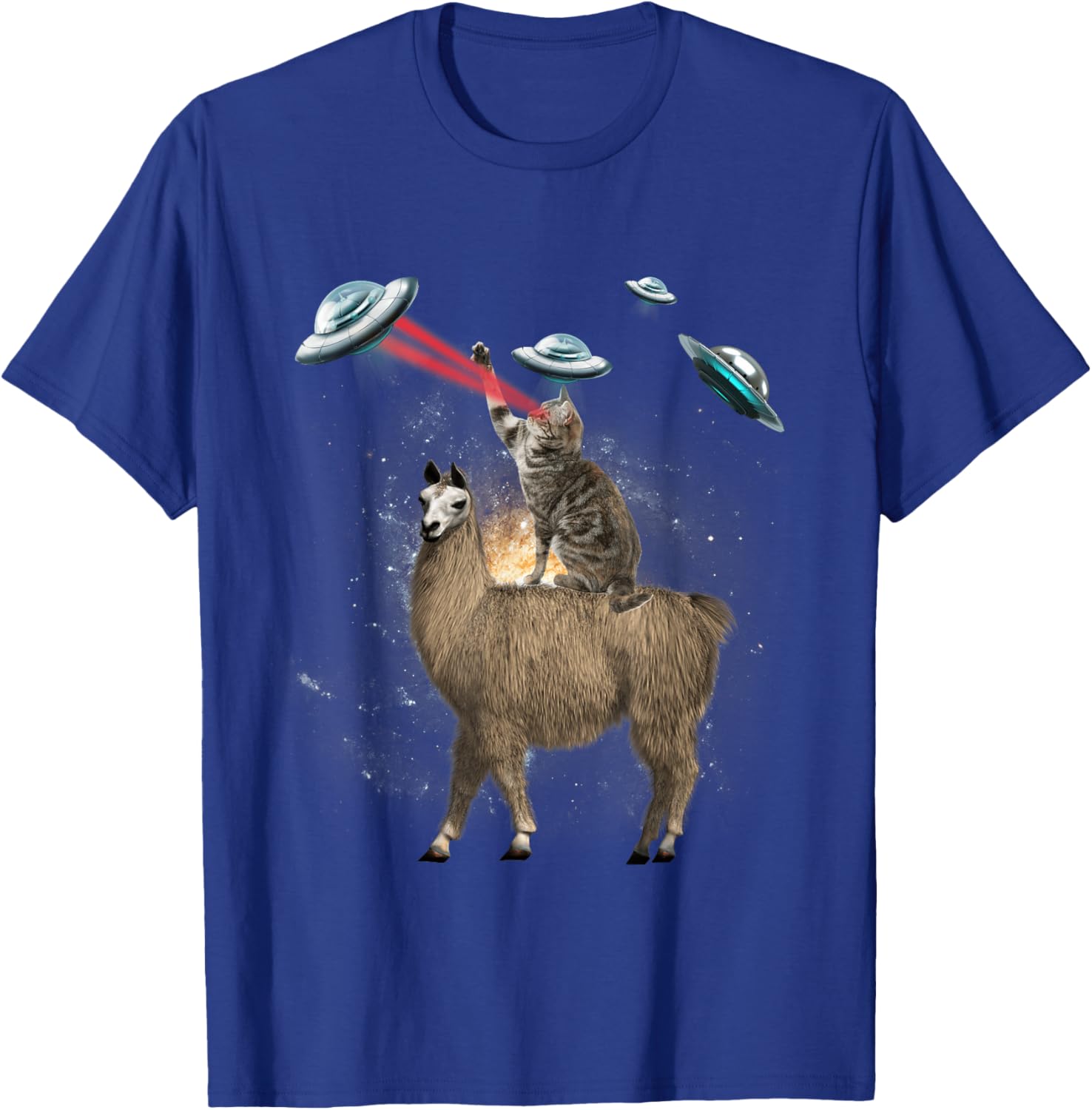 Space Cat Riding Llama Laser Eyes UFO Funny Cat Lover Men Women Kids T-Shirt - T-Shirt | Royal
