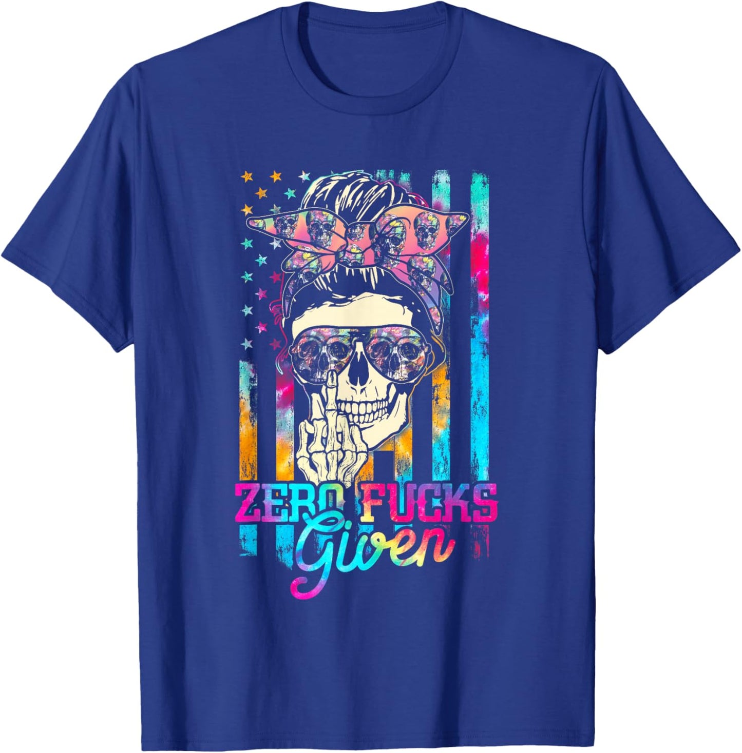 Skull Flag Skeleton Rainbow Messy Hair 0 Fucks Given T-Shirt - T-Shirt | Royal