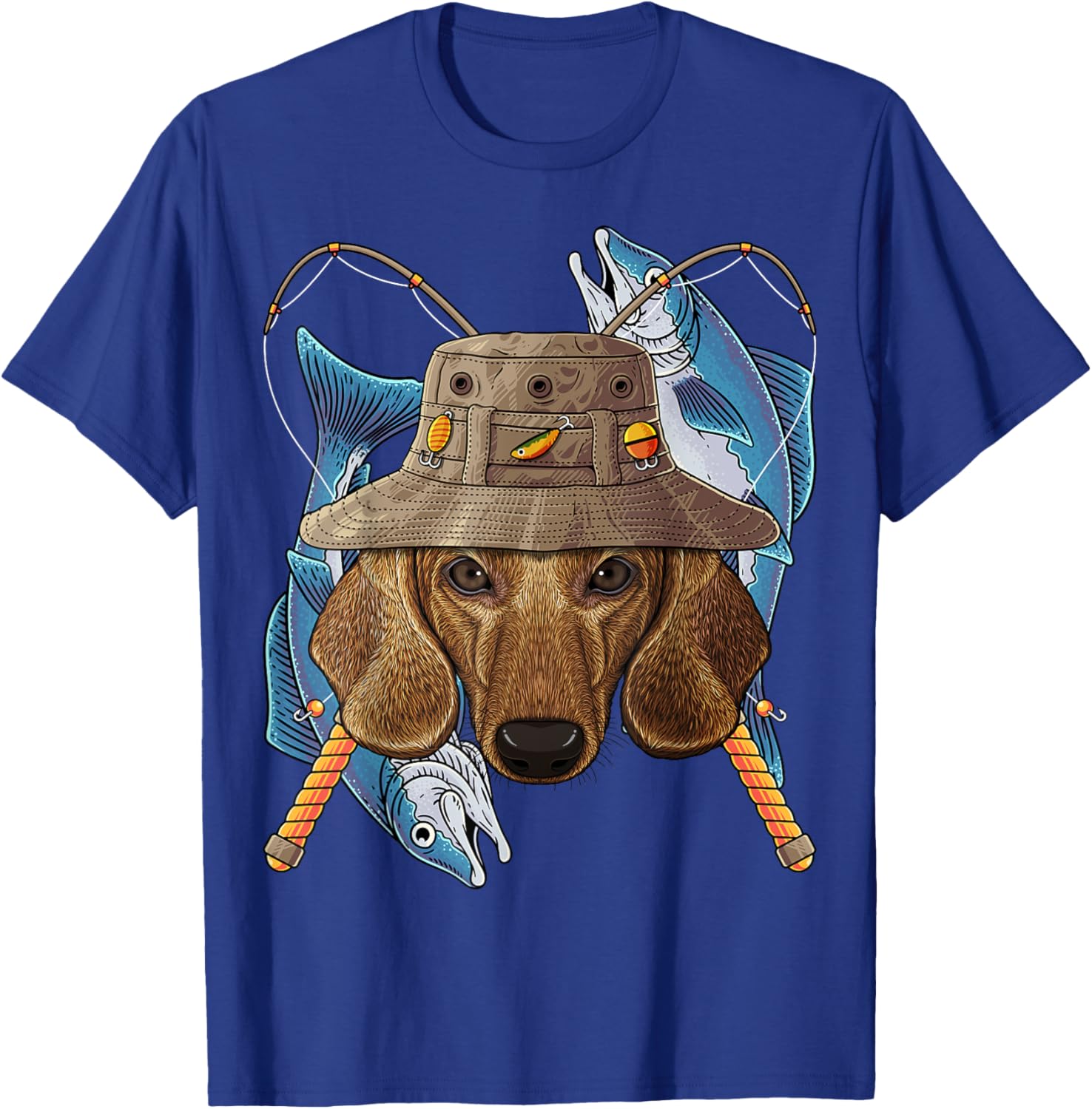 Fishing Dachshund Outdoor Fisherman Dog Cute Fly Fishing T-Shirt - T-Shirt | Royal