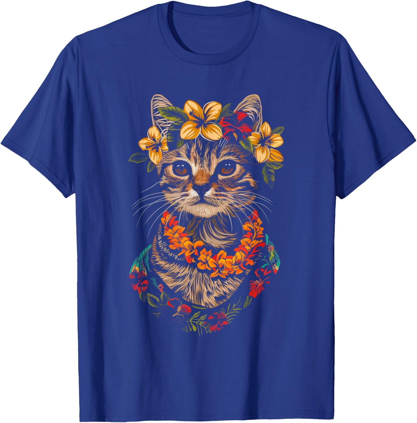 Cat Hawaiian Flowers Hula Hibiscus Funny Cute Hawaii T-Shirt - T-Shirt | Royal