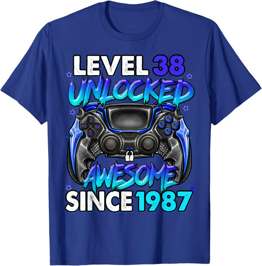 Level 38 Unlocked Awesome Since 1987 38th Birthday Gaming T-Shirt - T-Shirt | Royal