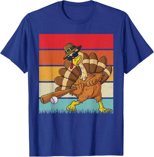 Retro Turkey & Baseball Ball Autumn Fall Vibes Thanksgiving T-Shirt - T-Shirt | Royal