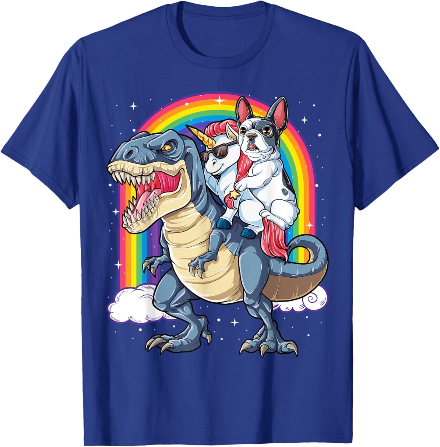 French Bulldog Unicorn Riding Dinosaur T rex Gifts Girls T-Shirt - T-Shirt | Royal
