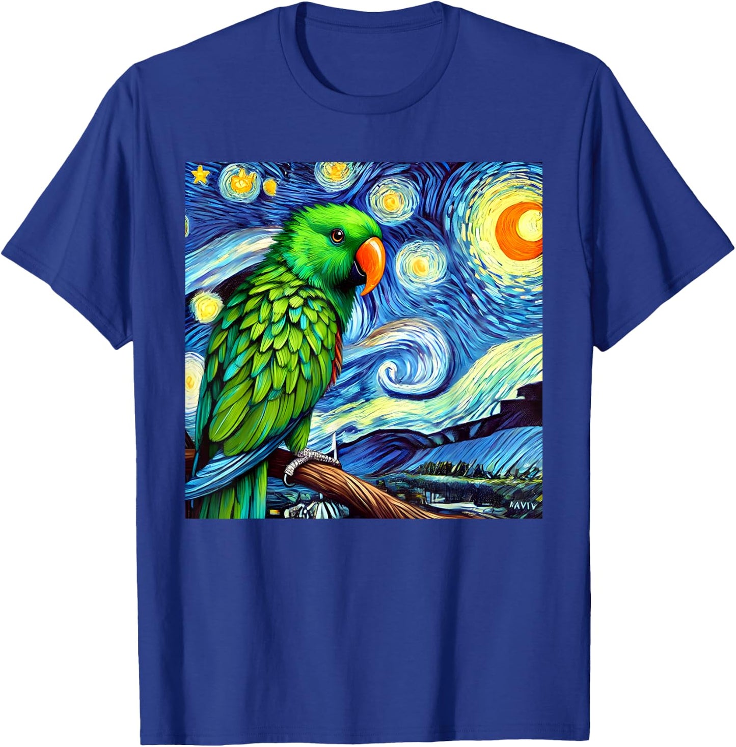 Green Eclectus Parrot Bird Starry Night Sky Art Van Gogh T-Shirt - T-Shirt | Royal