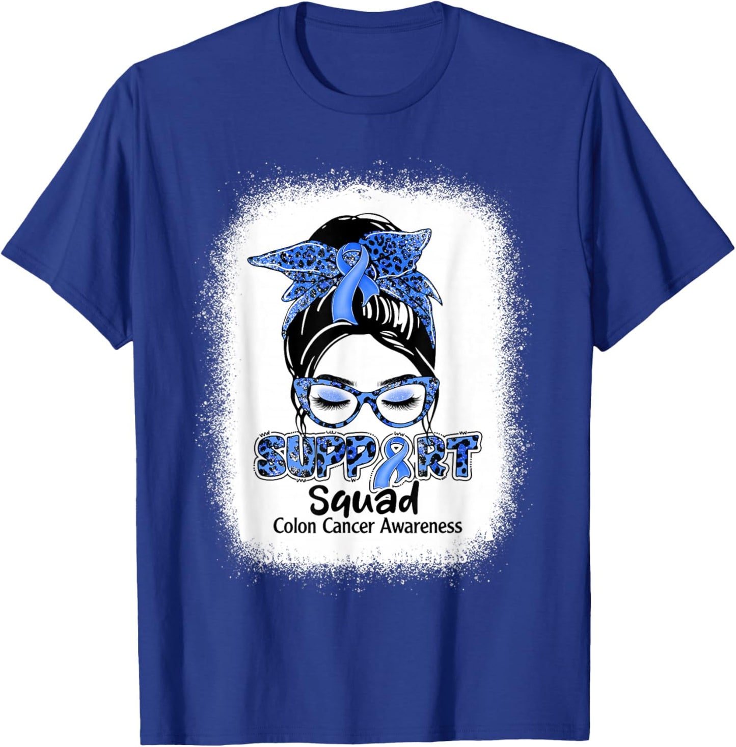 Support Squad Messy Bun Blue Ribbon Colon Cancer Awareness T-Shirt - T-Shirt | Royal