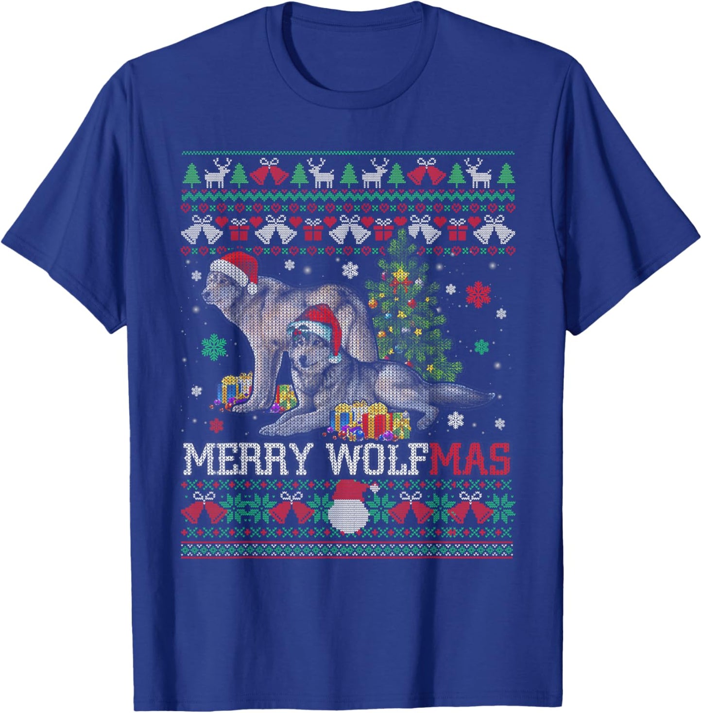 Merry Wolfmas Merry Christmas Wolf Ugly Sweater T-Shirt - T-Shirt | Royal