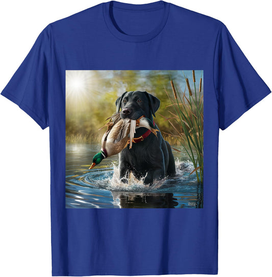 Black Labrador Retriever dog hunting ducks in a pond. Men Women T-Shirt - T-Shirt | Royal