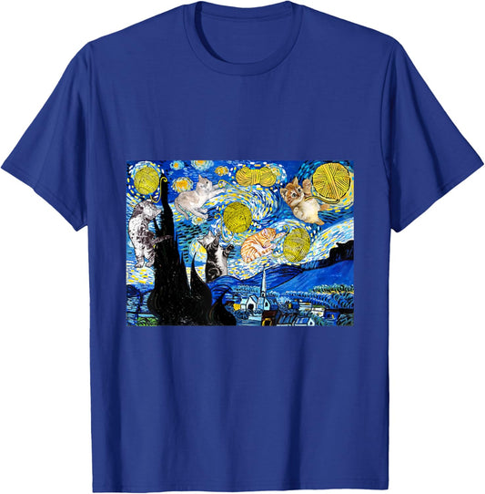 Cat Graphic, Starry Night Cat, Van Gogh Cat, Cat Lover T-Shirt - T-Shirt | Royal