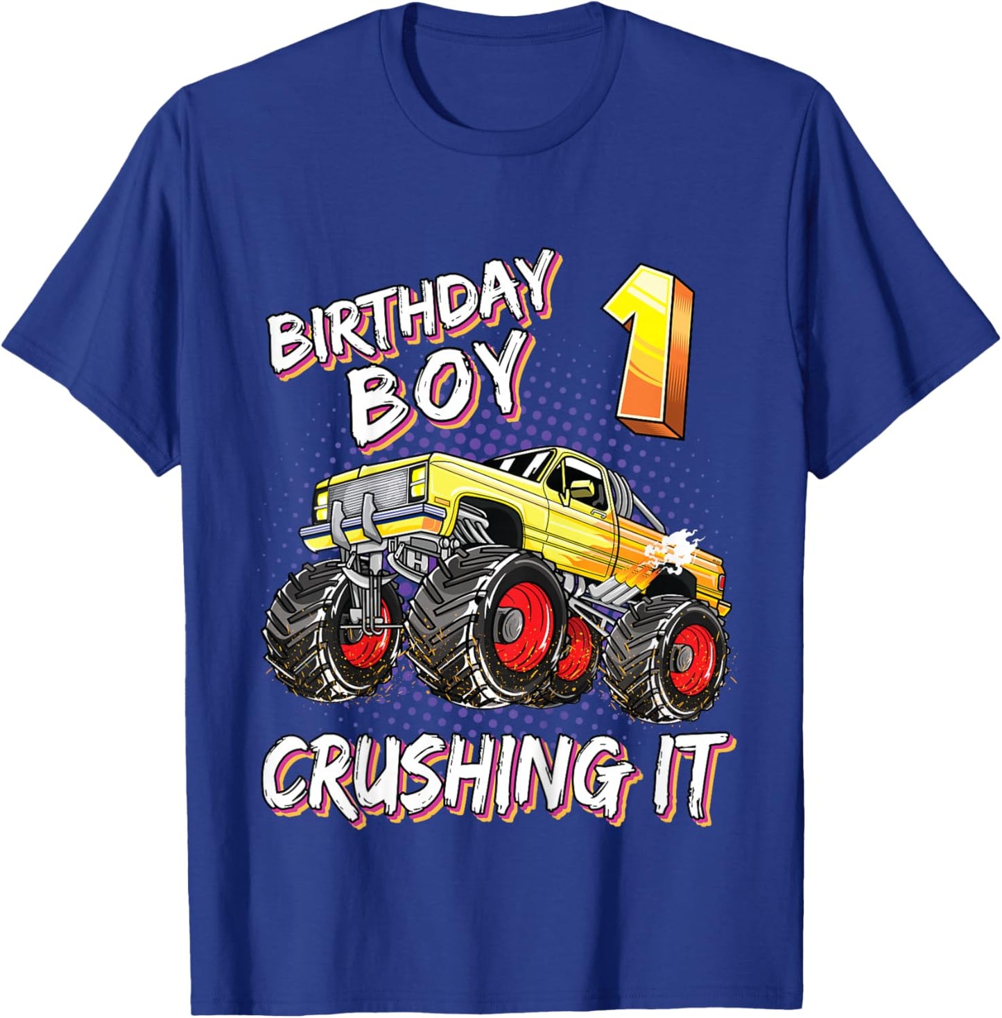 Kids 1 Year Old Birthday Boy Shirt Monster Truck 1st Birthday T-Shirt - T-Shirt | Royal