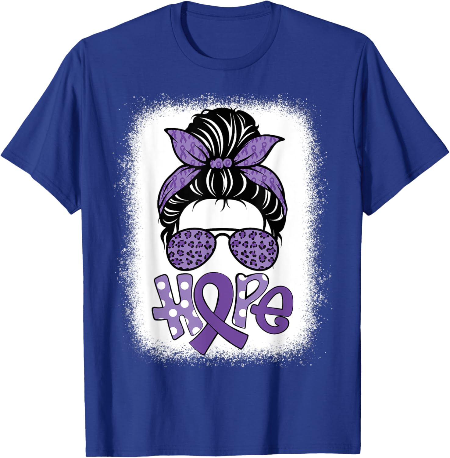 Bleached Hope Messy Bun Leopard Pancreatic Cancer Awareness T-Shirt - T-Shirt | Royal