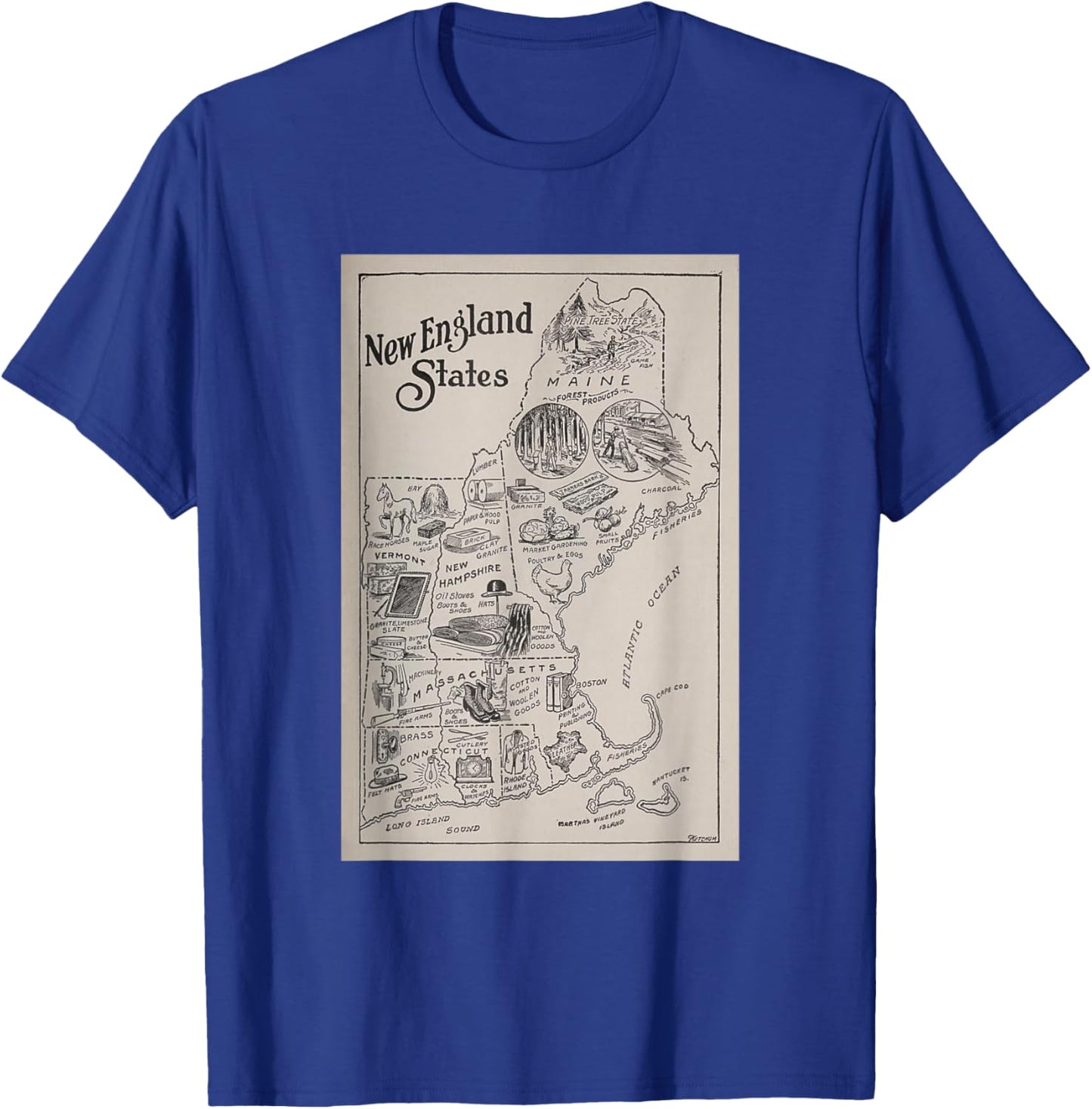 Historic New England Industries and Manufactured Goods Map T-Shirt - T-Shirt | Royal