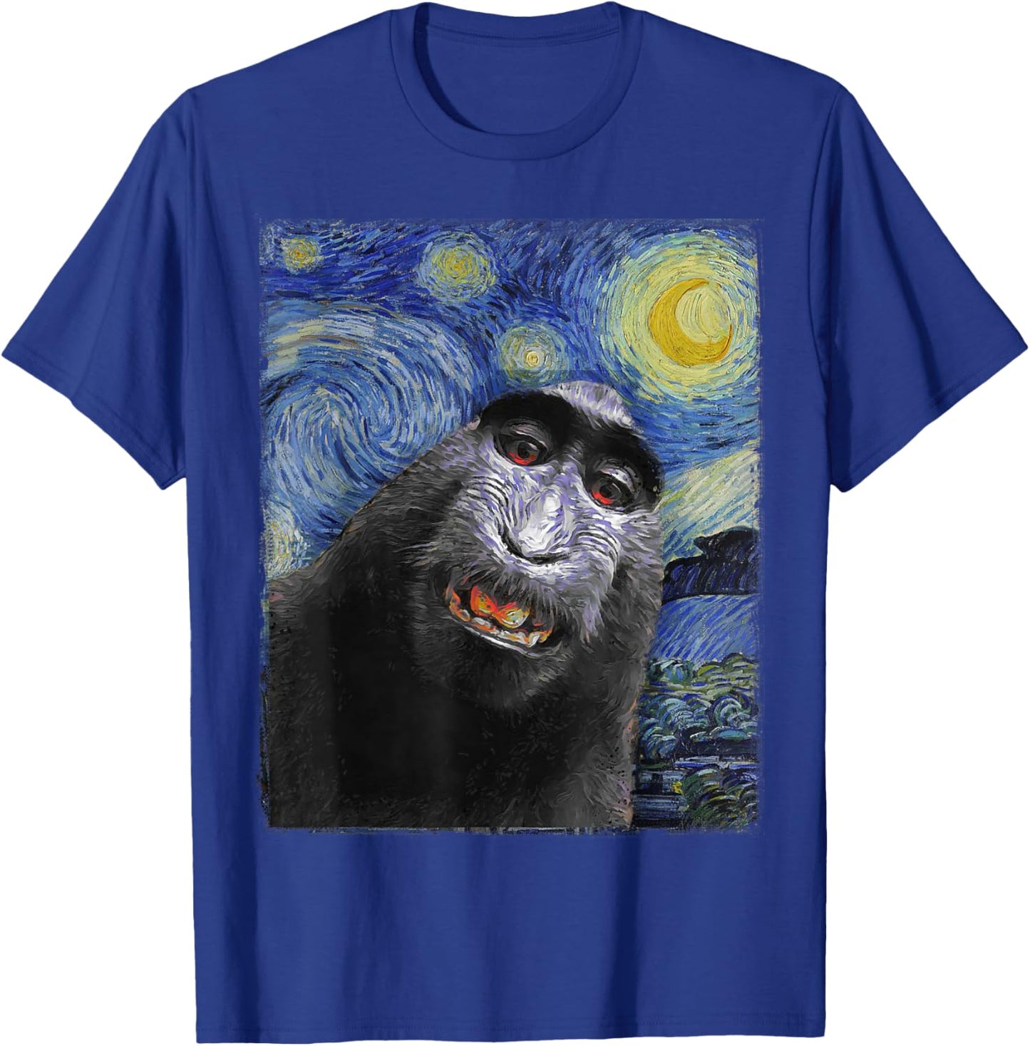 Funny monkey selfie Van Gogh Starry night Funny Art Painting T-Shirt - T-Shirt | Royal