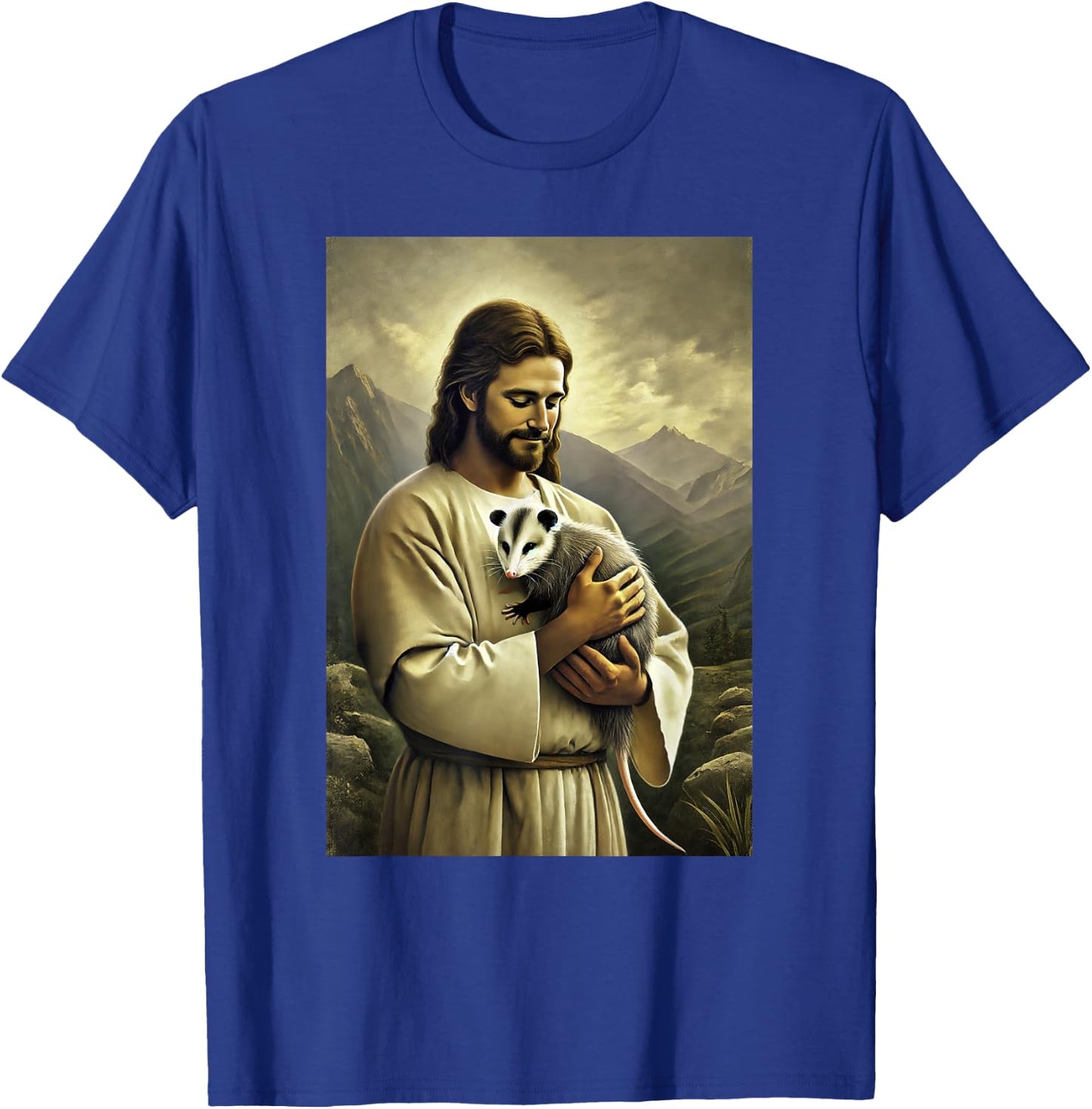 Funny Jesus Holding Opossum In His Arms Hilarious Possum T-Shirt - T-Shirt | Royal