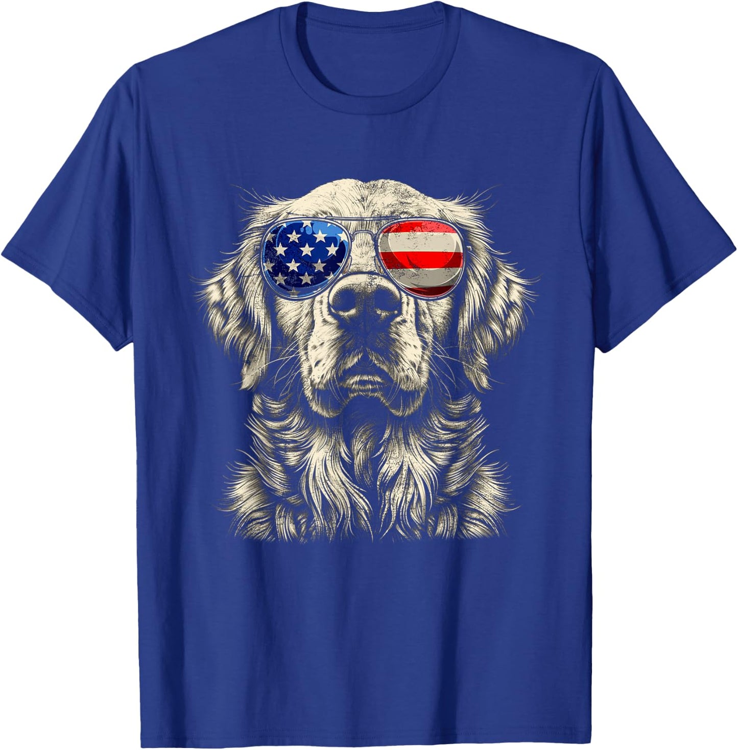 Vintage Art Golden Retrievers Dogs Wearing USA Flag Glasses T-Shirt - T-Shirt | Royal