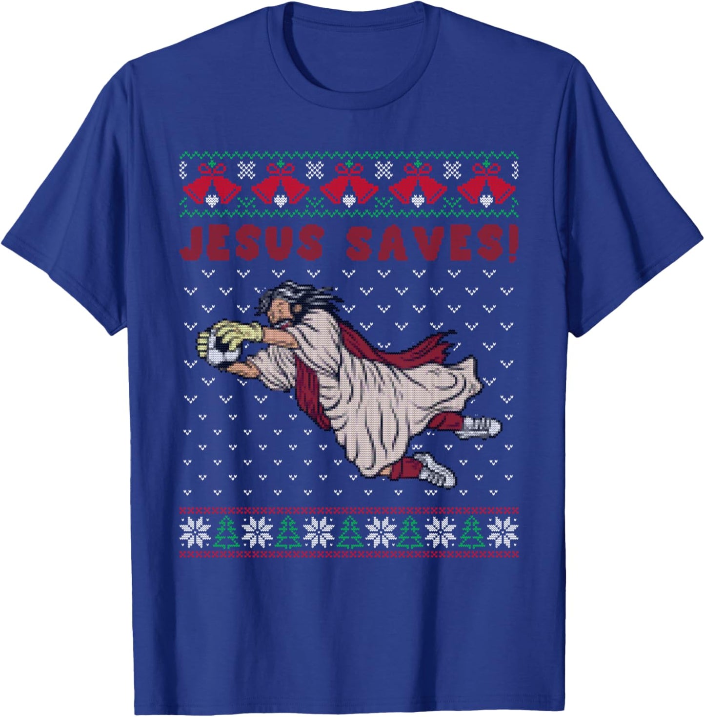 Jesus Saves Football Goalkeeper Goal Ugly Christmas Sweater T-Shirt - T-Shirt | Royal