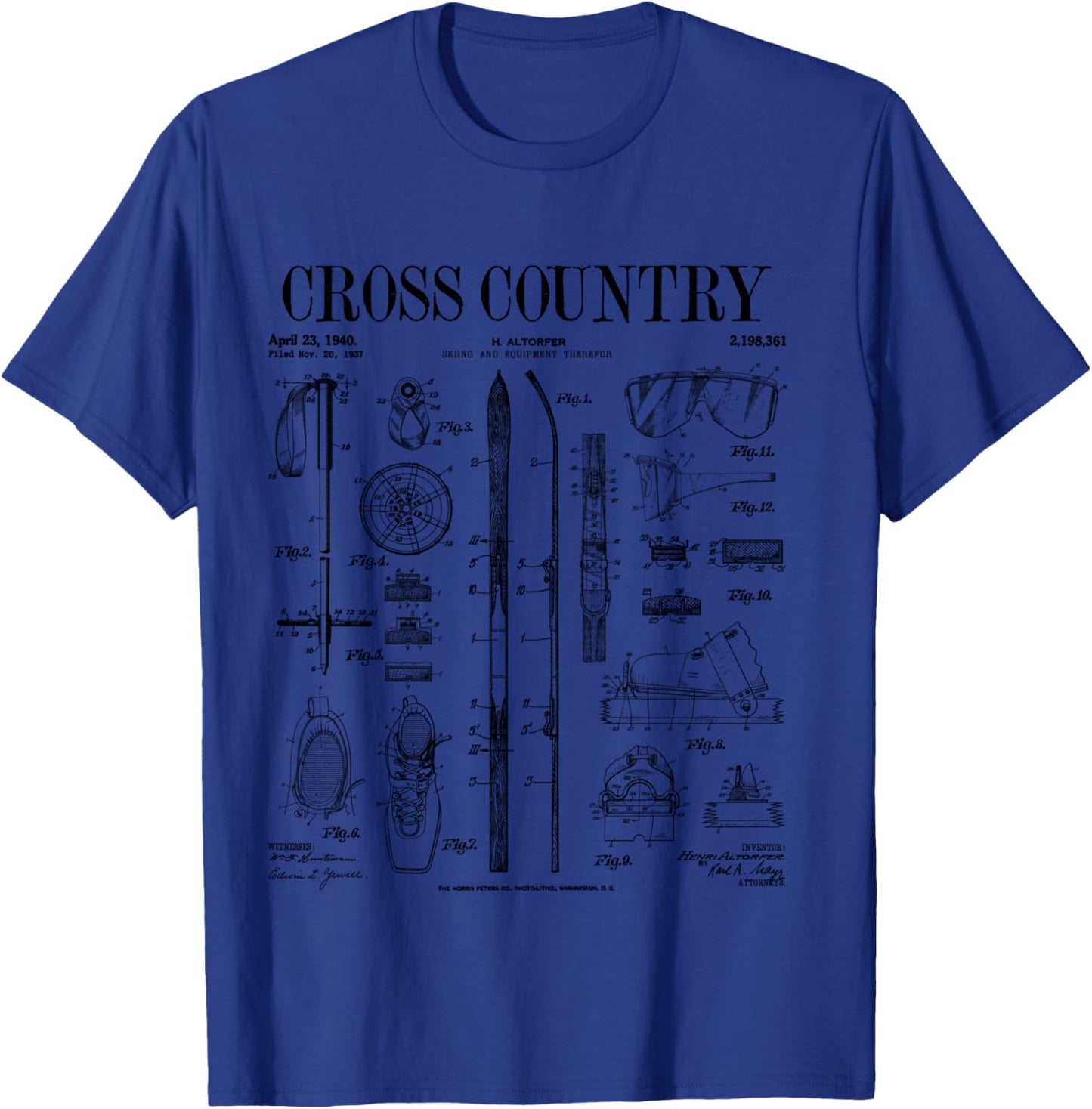 Cross Country Nordic Skiing Ski Vintage Patent Skier Print T-Shirt - T-Shirt | Royal