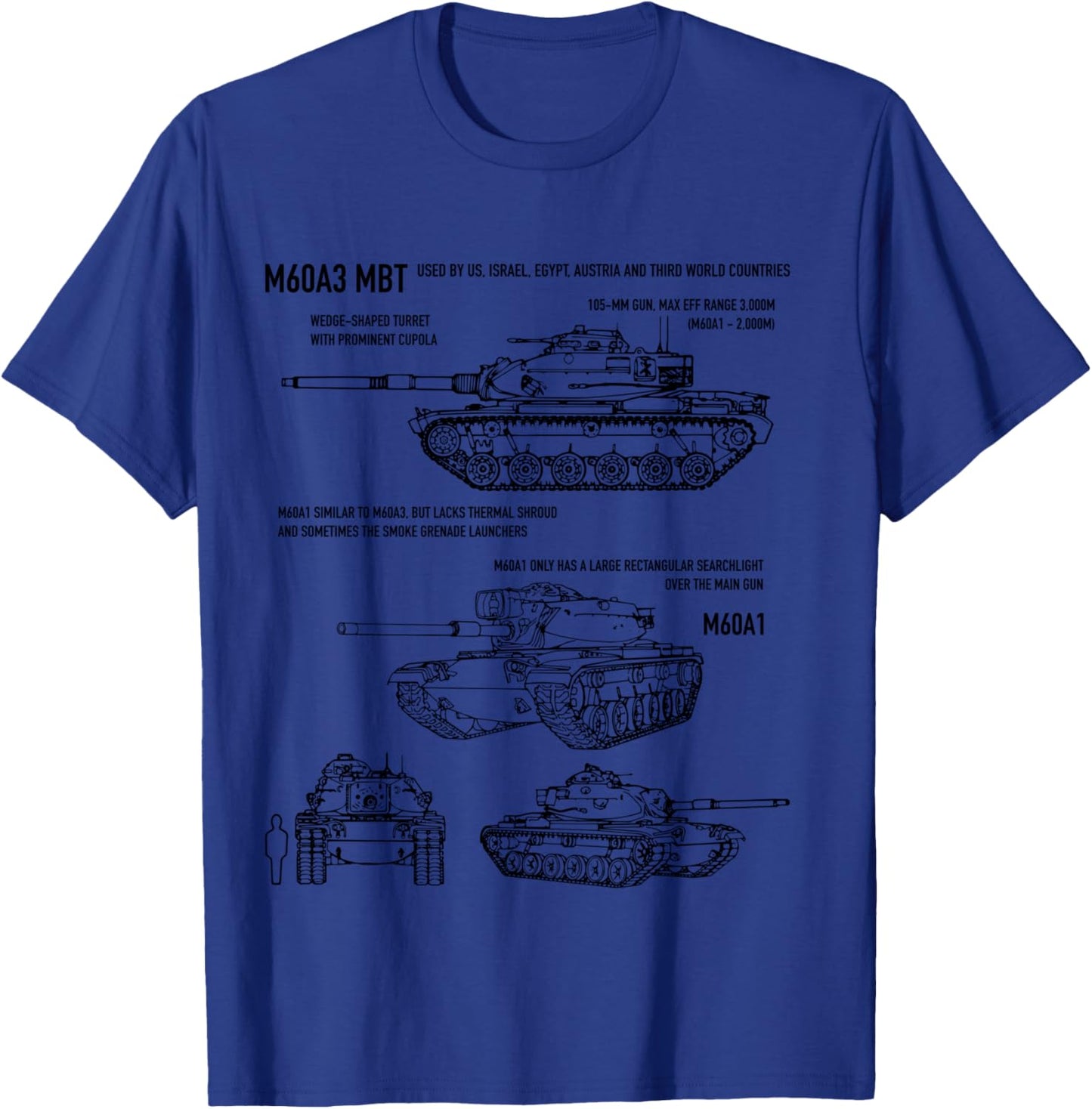 M60A3 Patton Military Tank Recognition Blueprints T-Shirt - T-Shirt | Royal