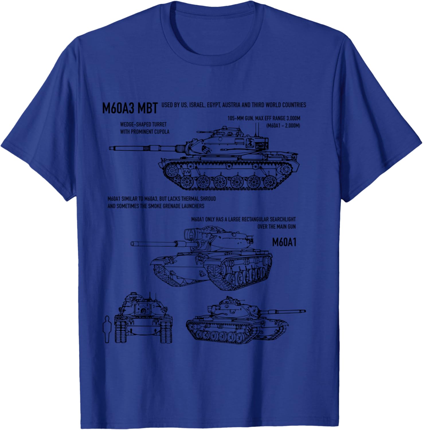 M60A3 Patton Military Tank Recognition Blueprints T-Shirt - T-Shirt | Royal