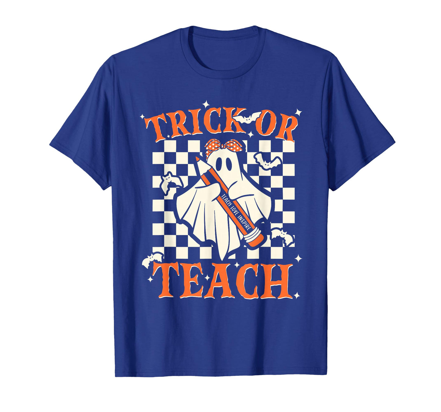 Trick Or Teach Groovy Teacher Halloween Retro Floral Ghost T-Shirt