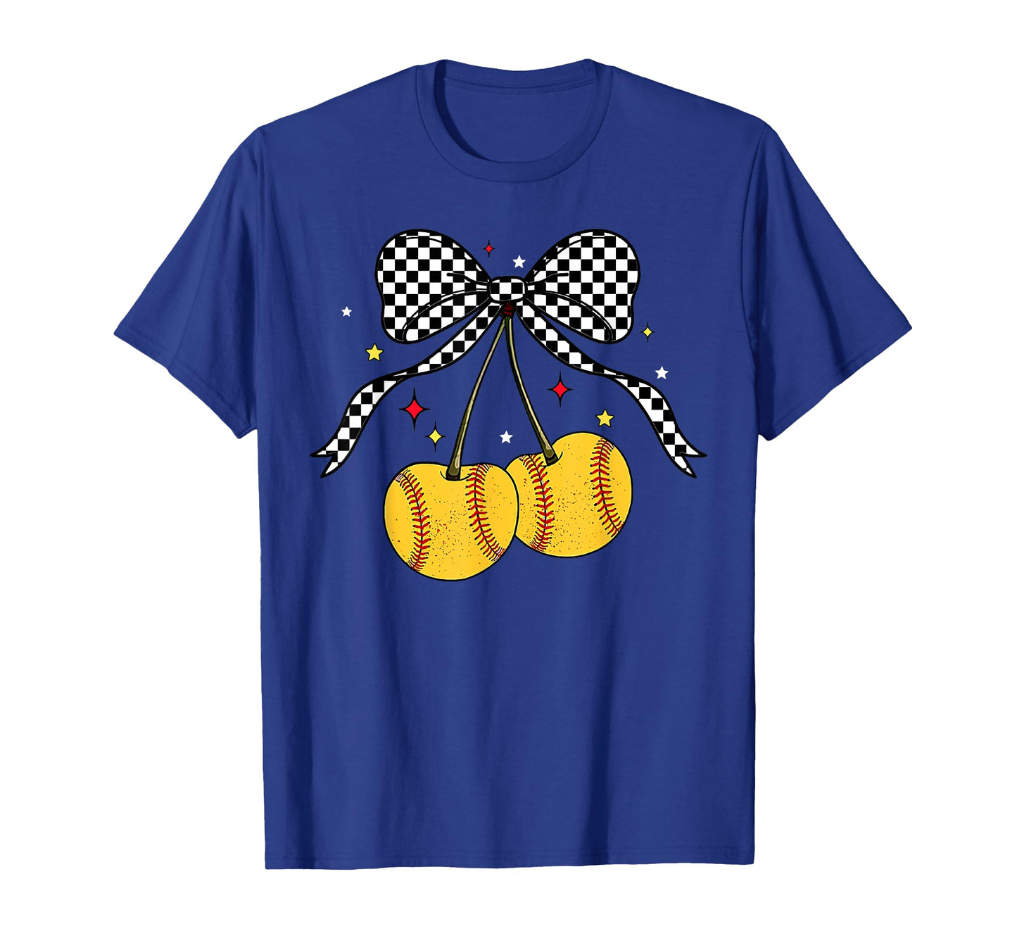 Softball Cherries Coquette Bow Checkered Softball Mom Girl T-Shirt