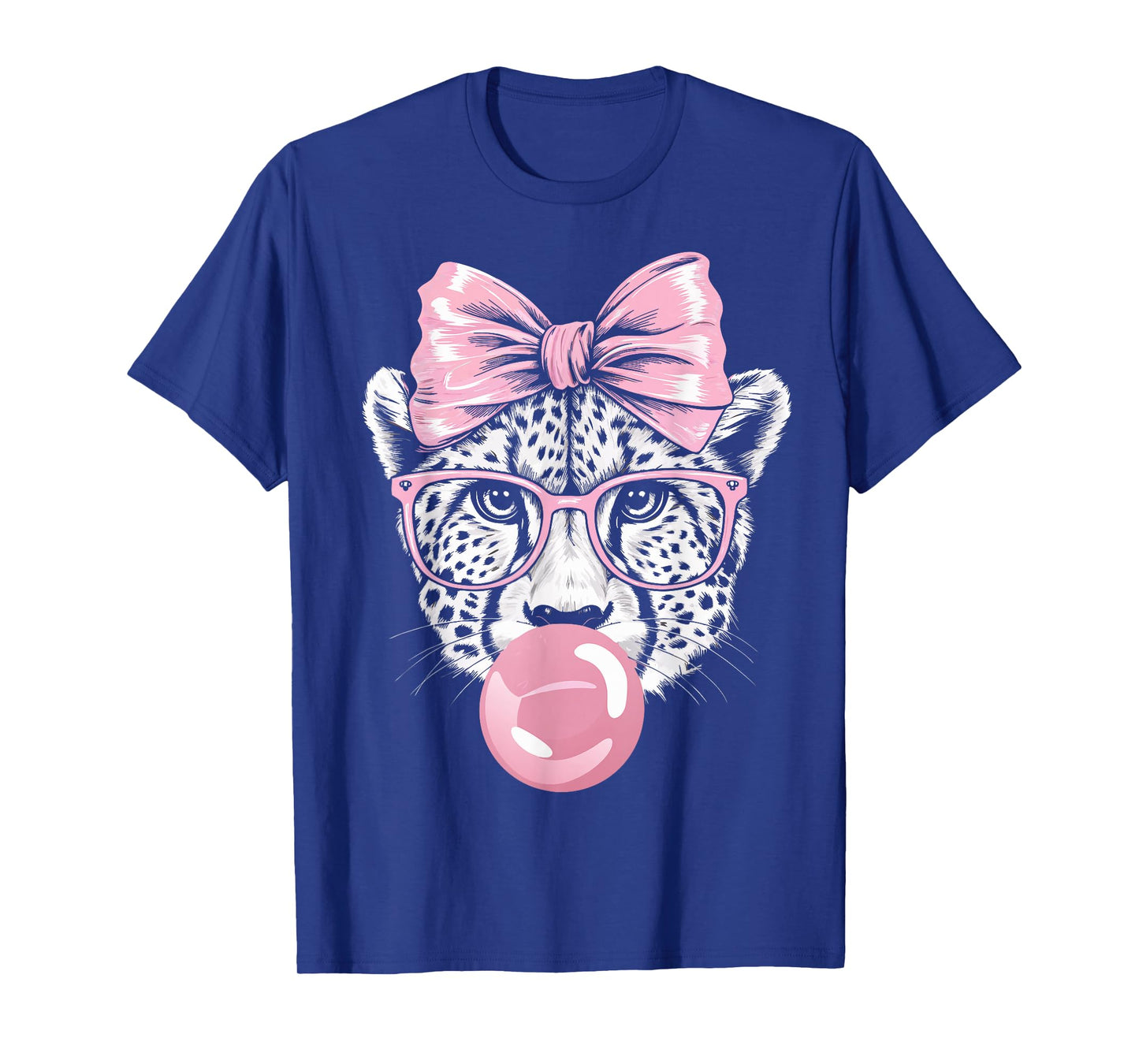 Cheetah Wearing Glasses and Blowing Pink Bubble Gum T-Shirt