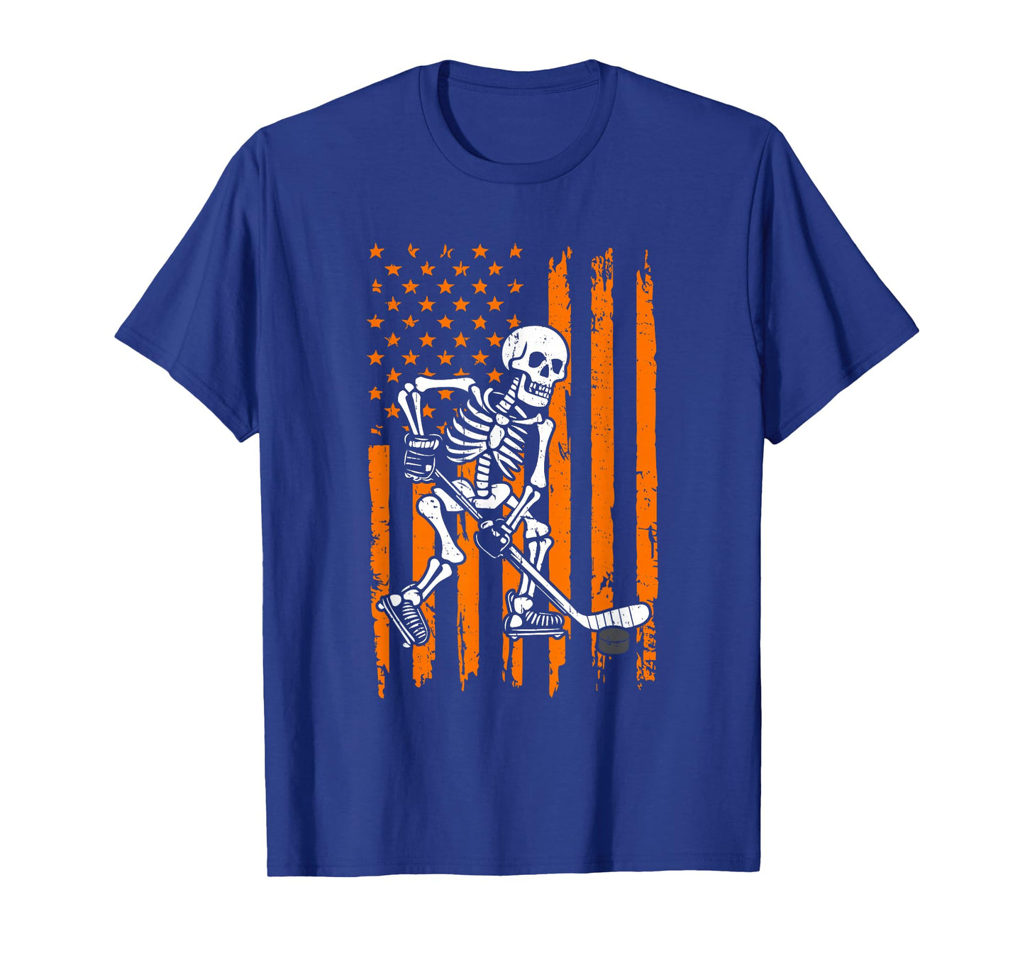 Retro Skeleton Playing Hockey USA Flag Halloween Boys Kids T-Shirt