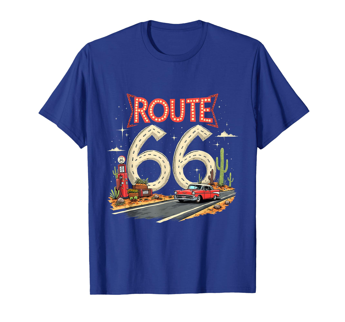 Classic Retro Route 66 Desert Scene with Red Vintage Car T-Shirt