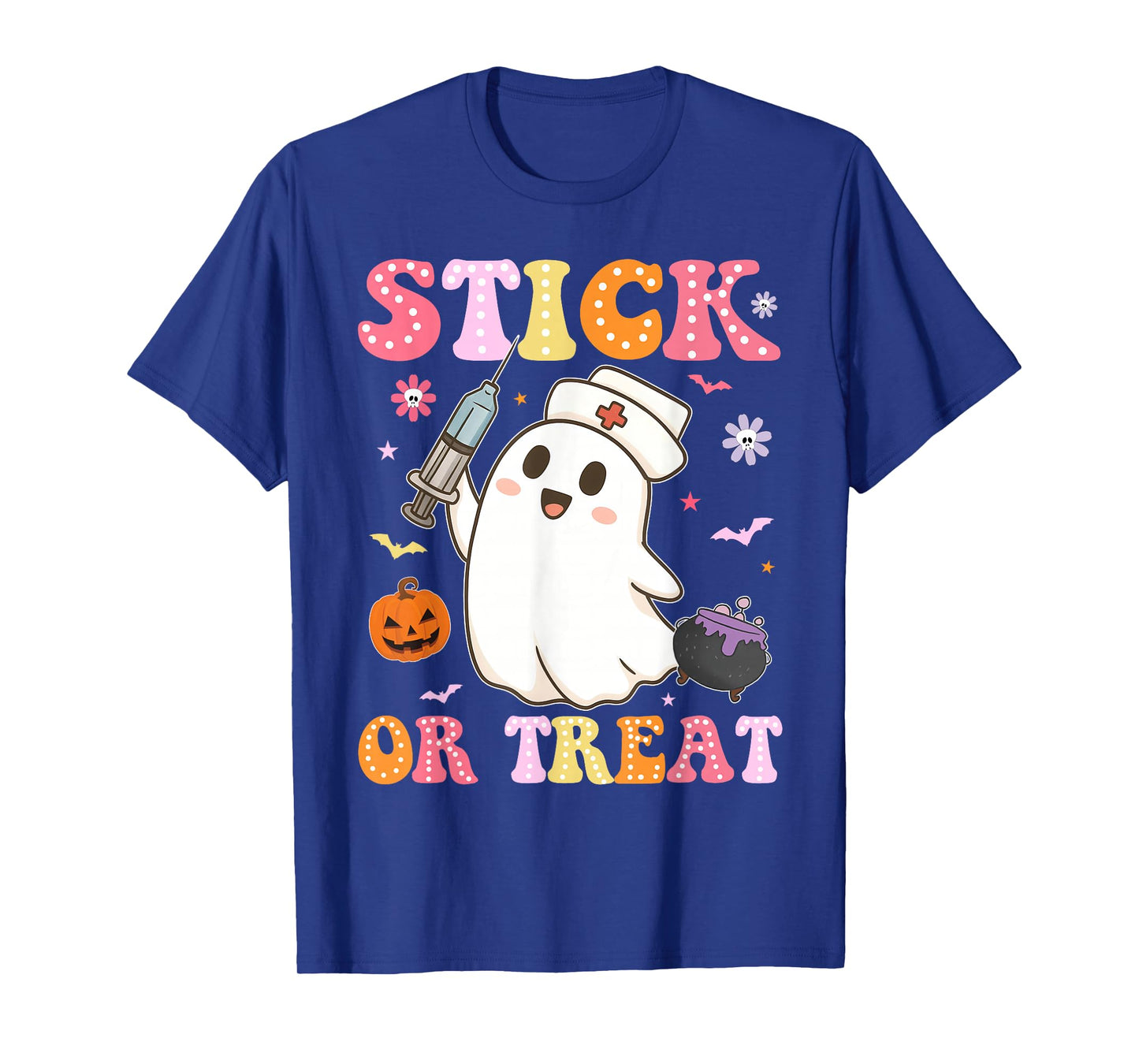 Funny Stick Or Treat Cute Nurse Ghost Halloween Crew Women T-Shirt