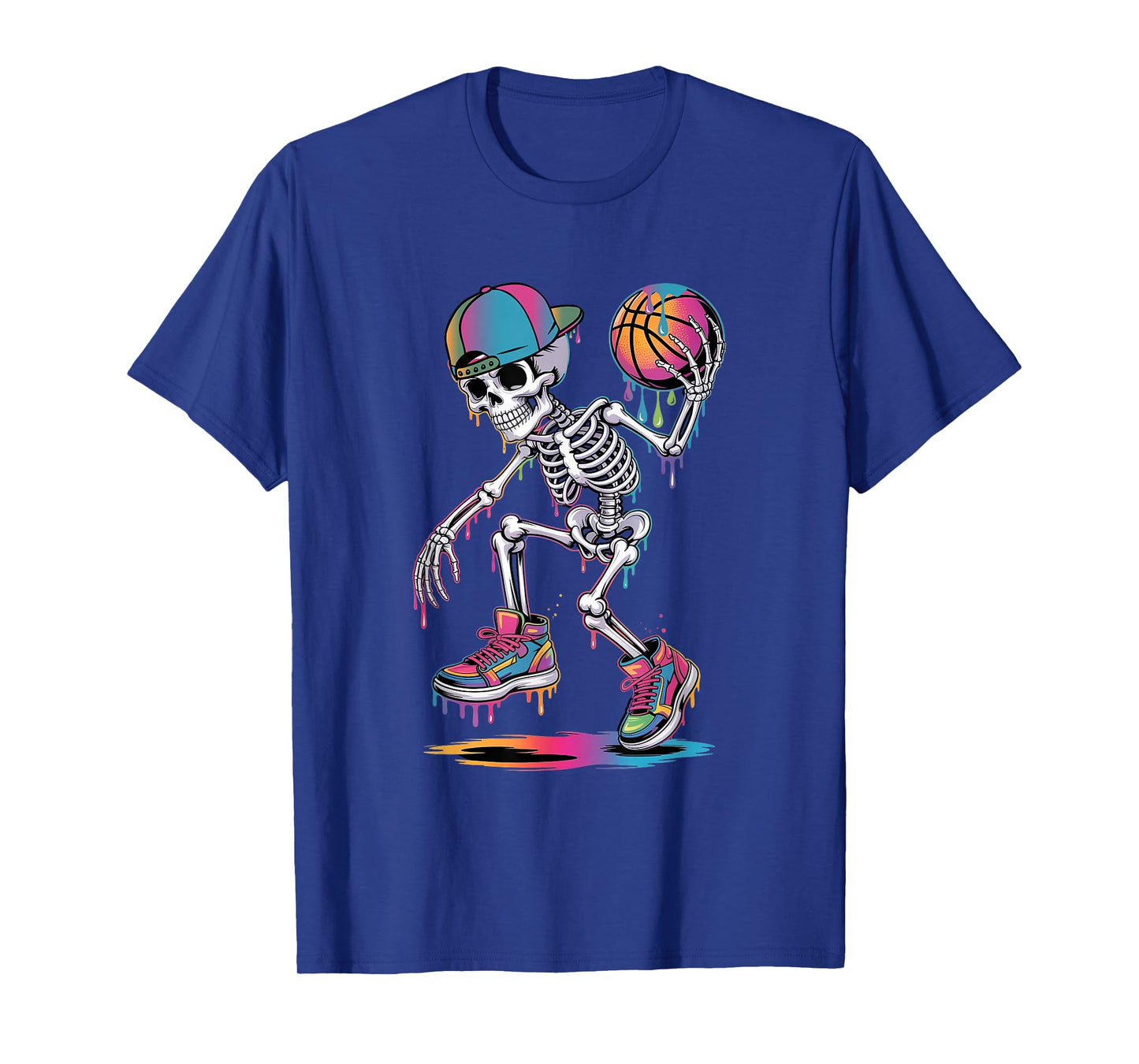 Skeleton Playing Basketball Dripping Boys Youth Halloween T-Shirt