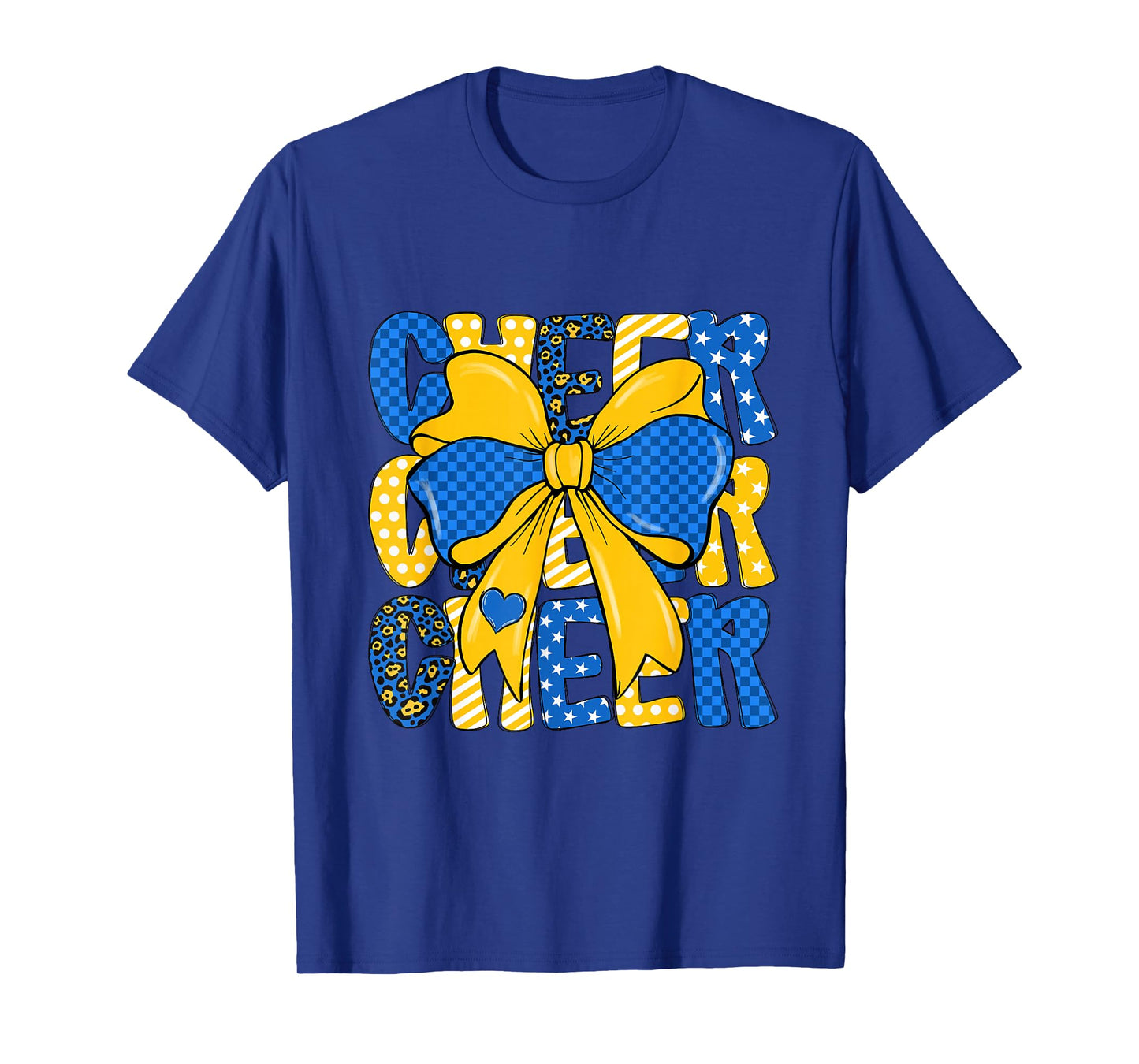 Cheer Bow Blue Yellow Leopard Cheerleader Funny Football T-Shirt