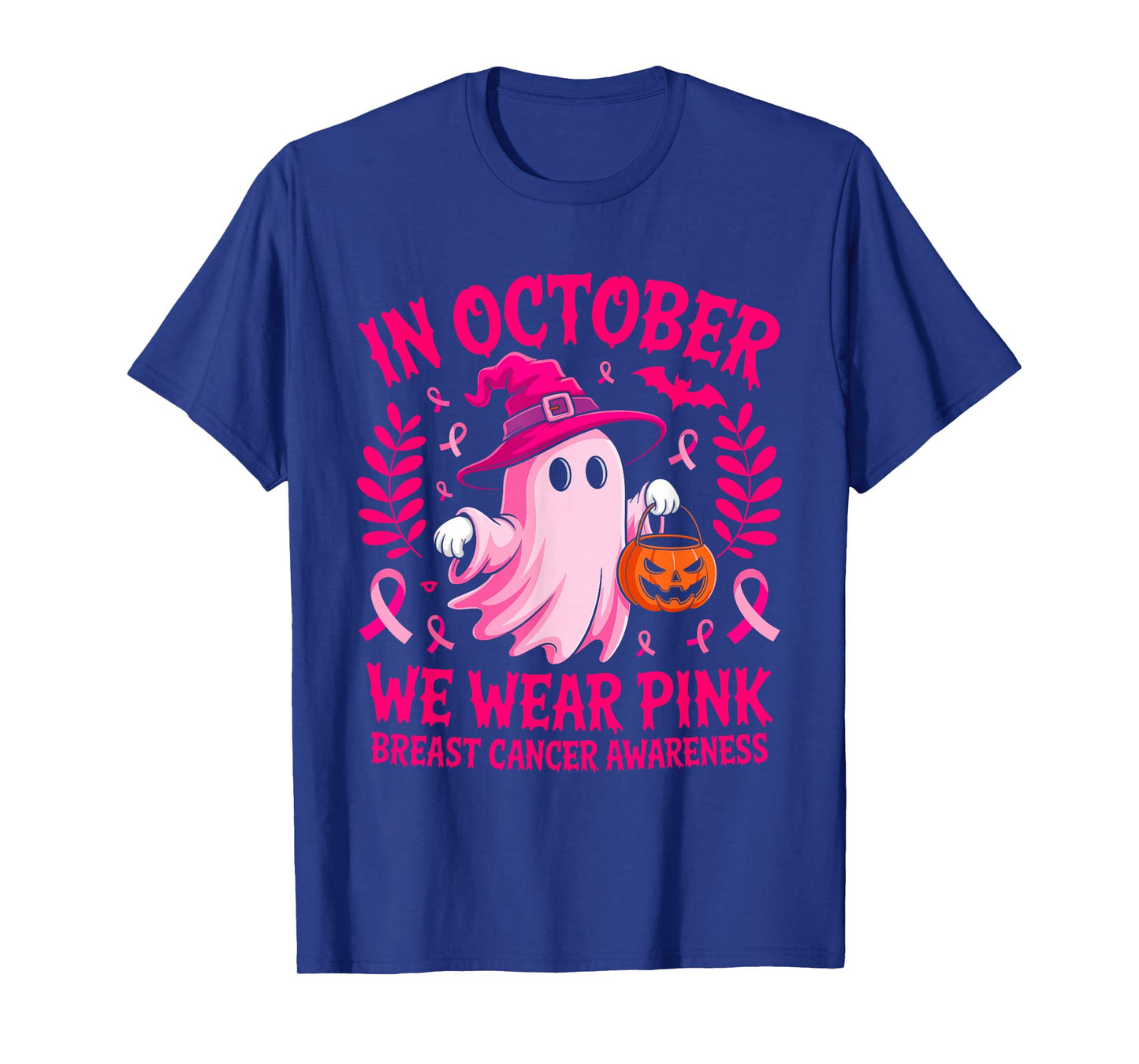 in October We Wear Pink Ghost Halloween Awareness for Women T-Shirt