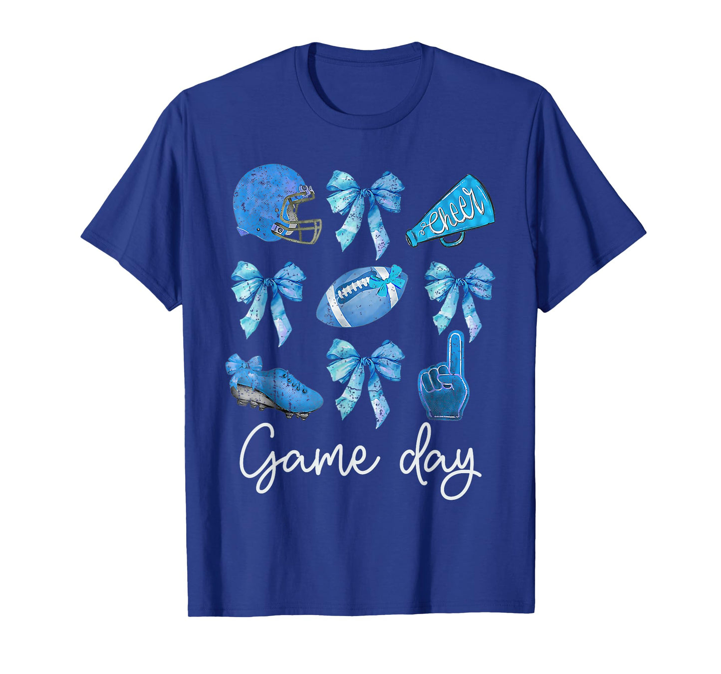 Funny Blue Cheer Football Game Day Coquette Bow Touchdown T-Shirt