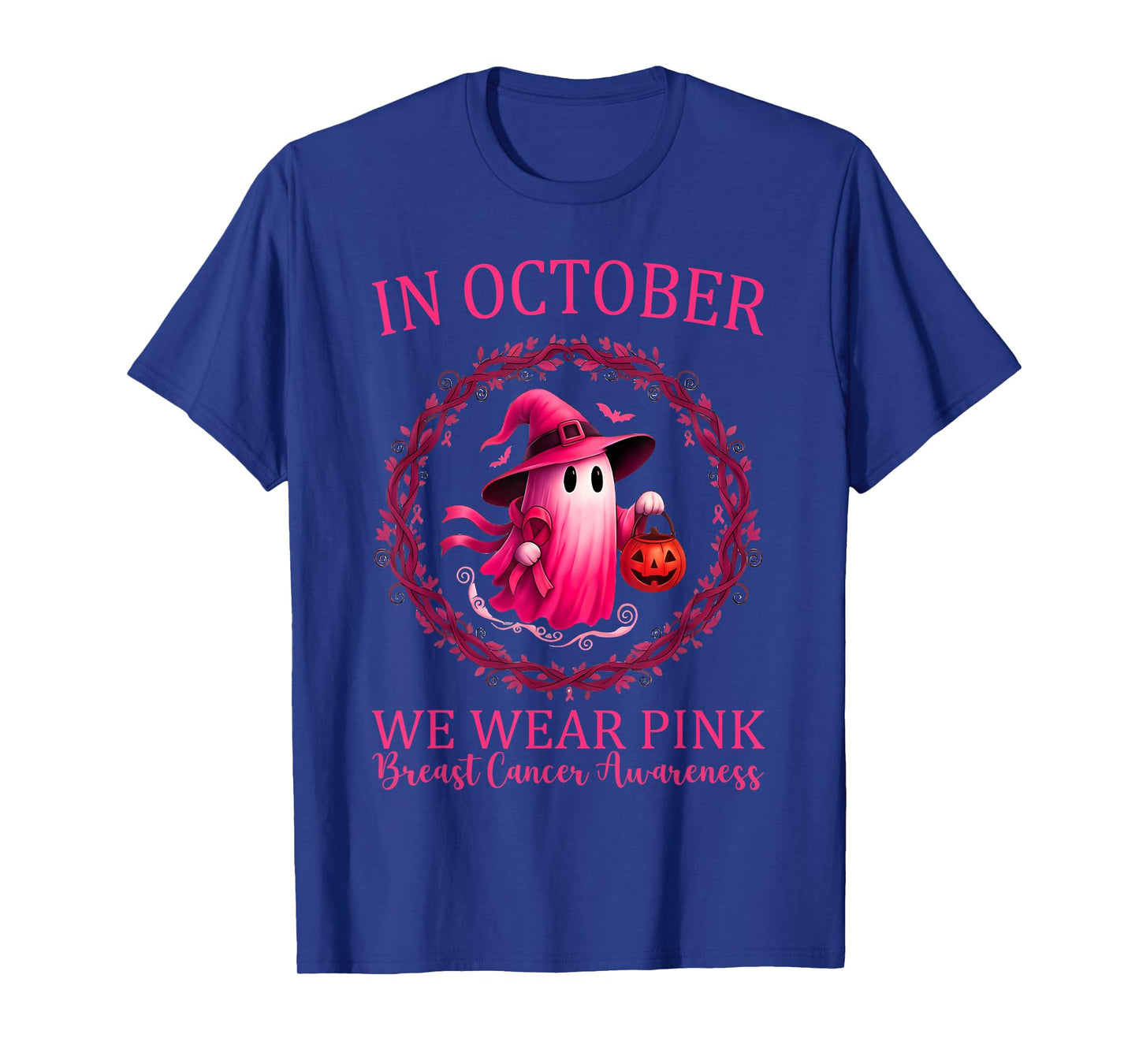 in October We Wear Pink Ribbon Ghost Breast Cancer Awareness T-Shirt
