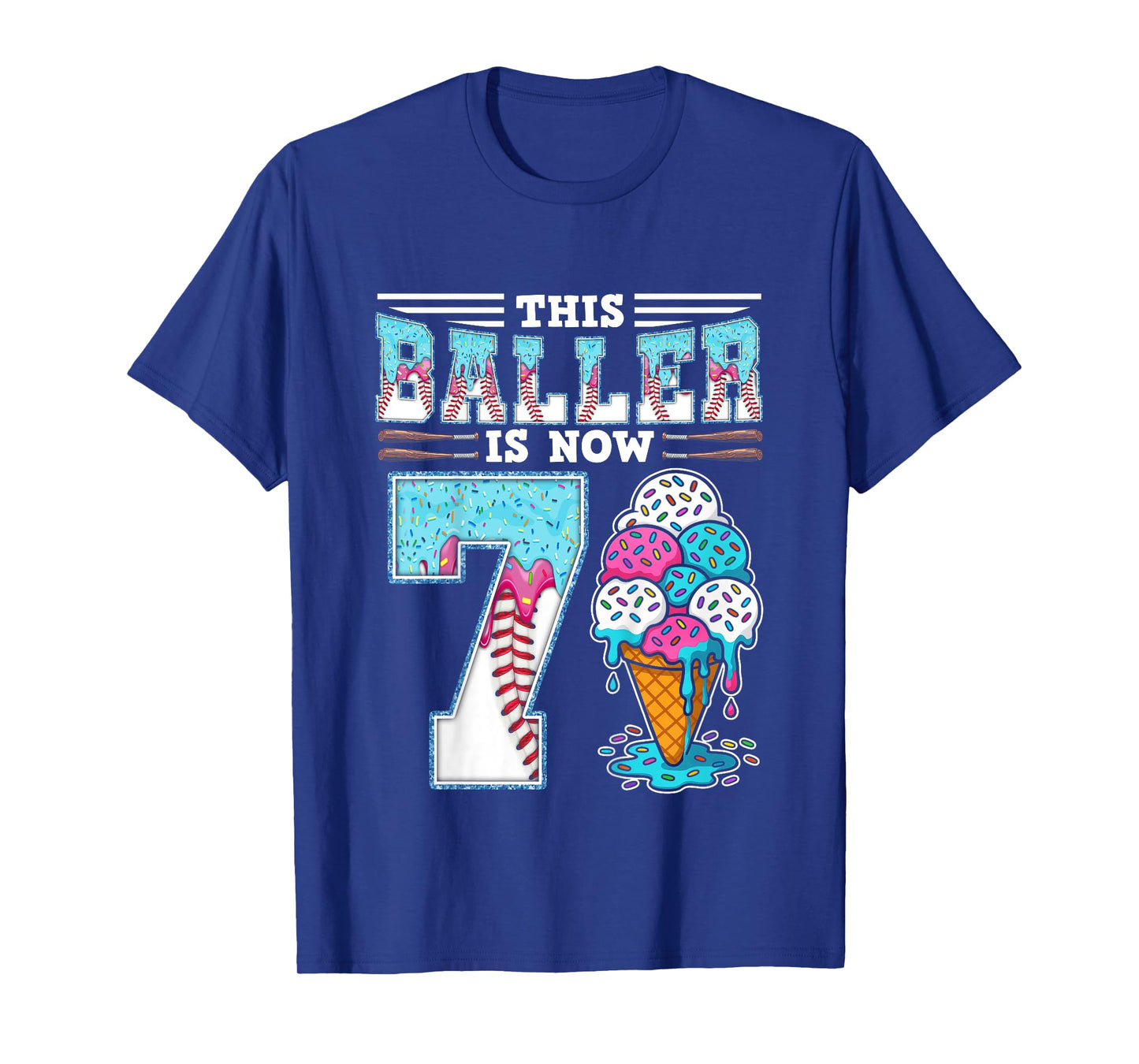 Kids Baller Is Now 7 Year Ice Cream Drip 7th Birthday Baseball T-Shirt