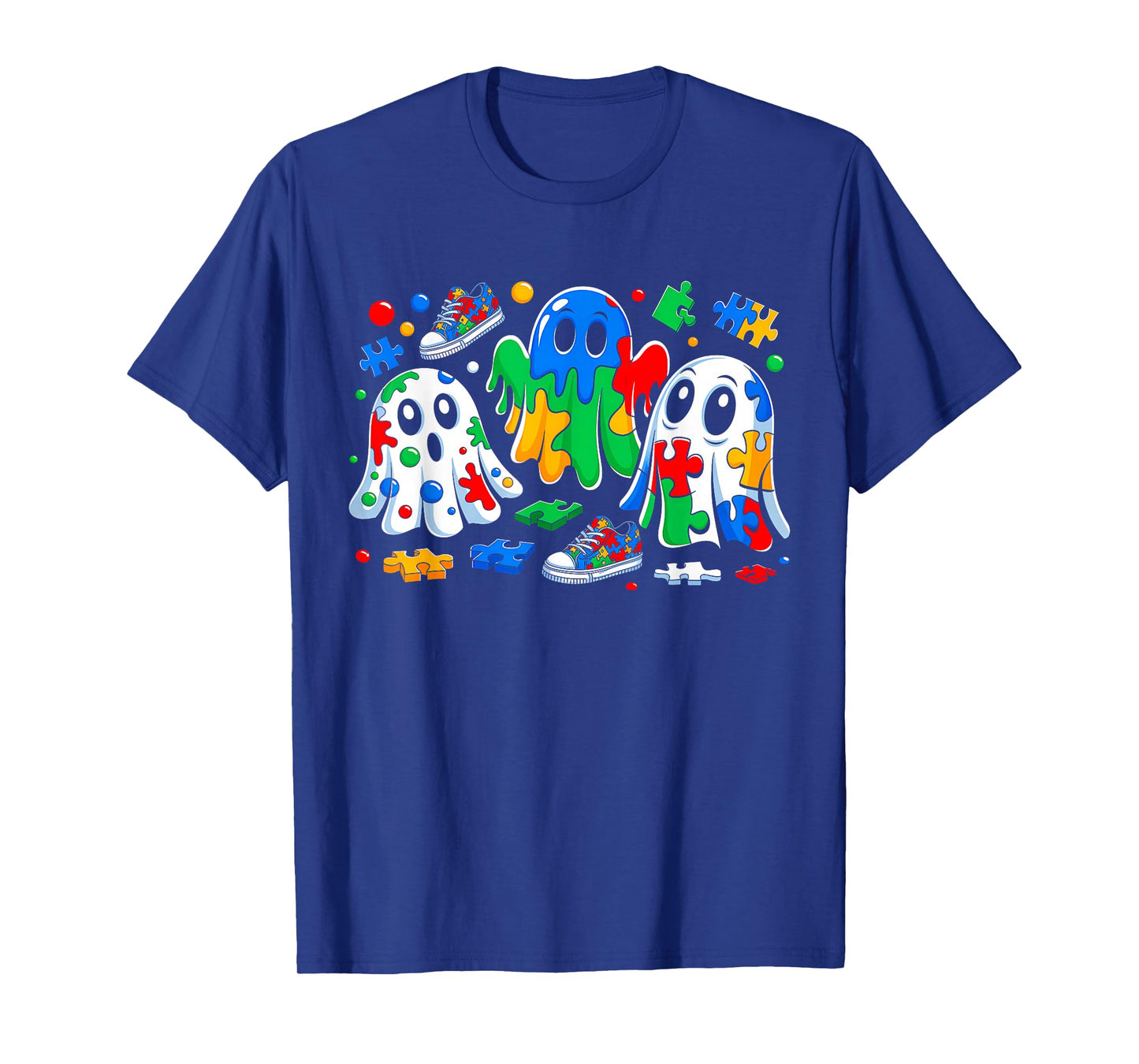 Halloween Ghost Colorful Puzzle Ribbon Autism Awareness T-Shirt