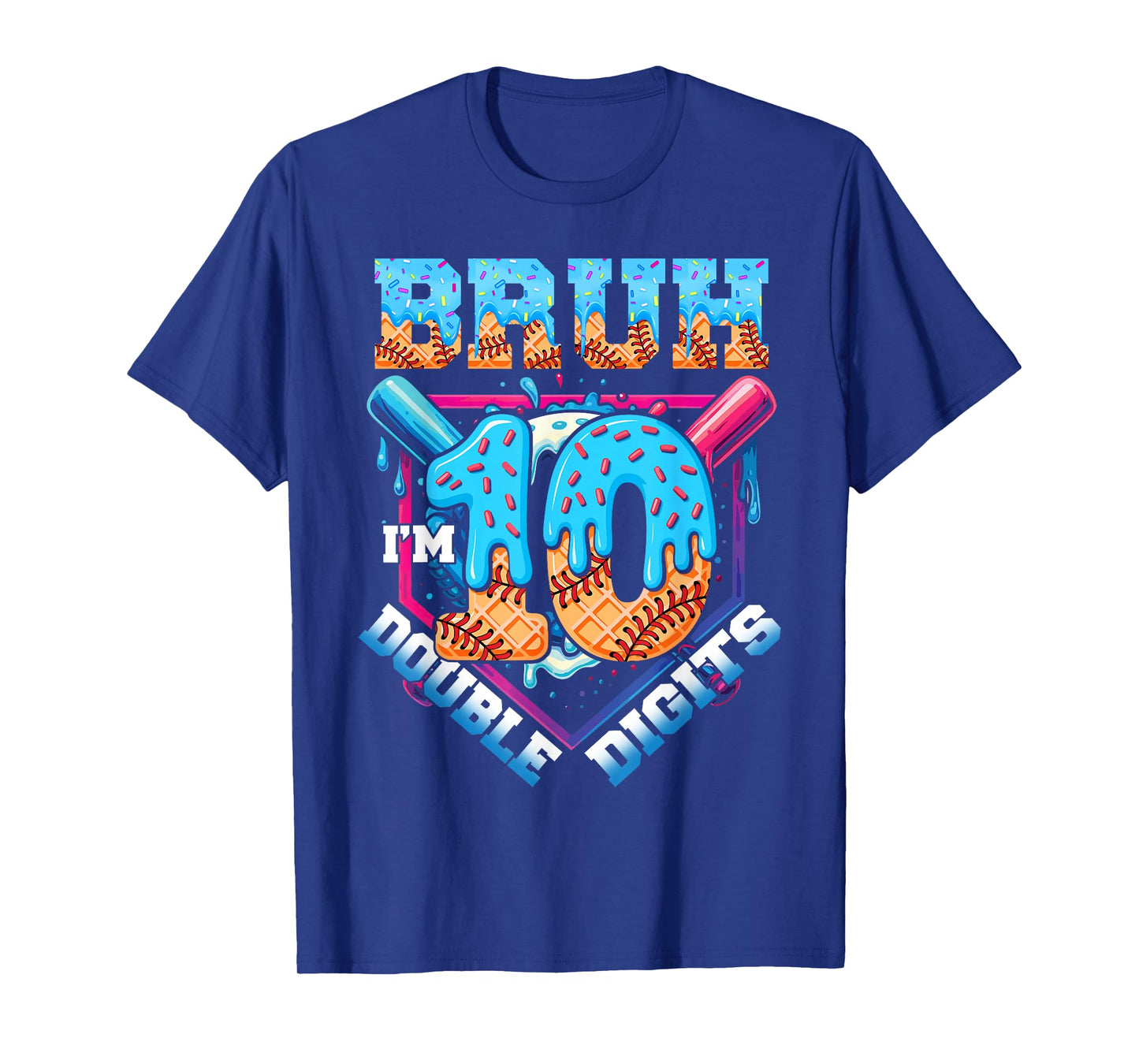 Boys 10 Double Digits 10th Birthday Ice Cream Baseball Drip T-Shirt