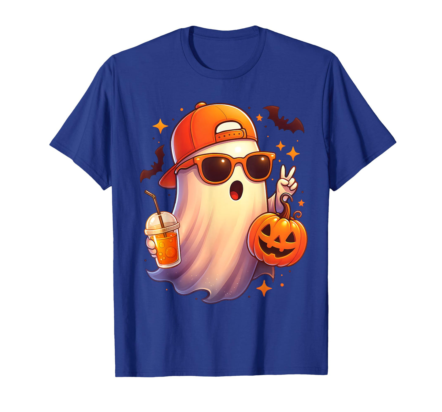 Spooky Cute Ghost Drinking Pumpkin Iced Coffee Halloween T-Shirt