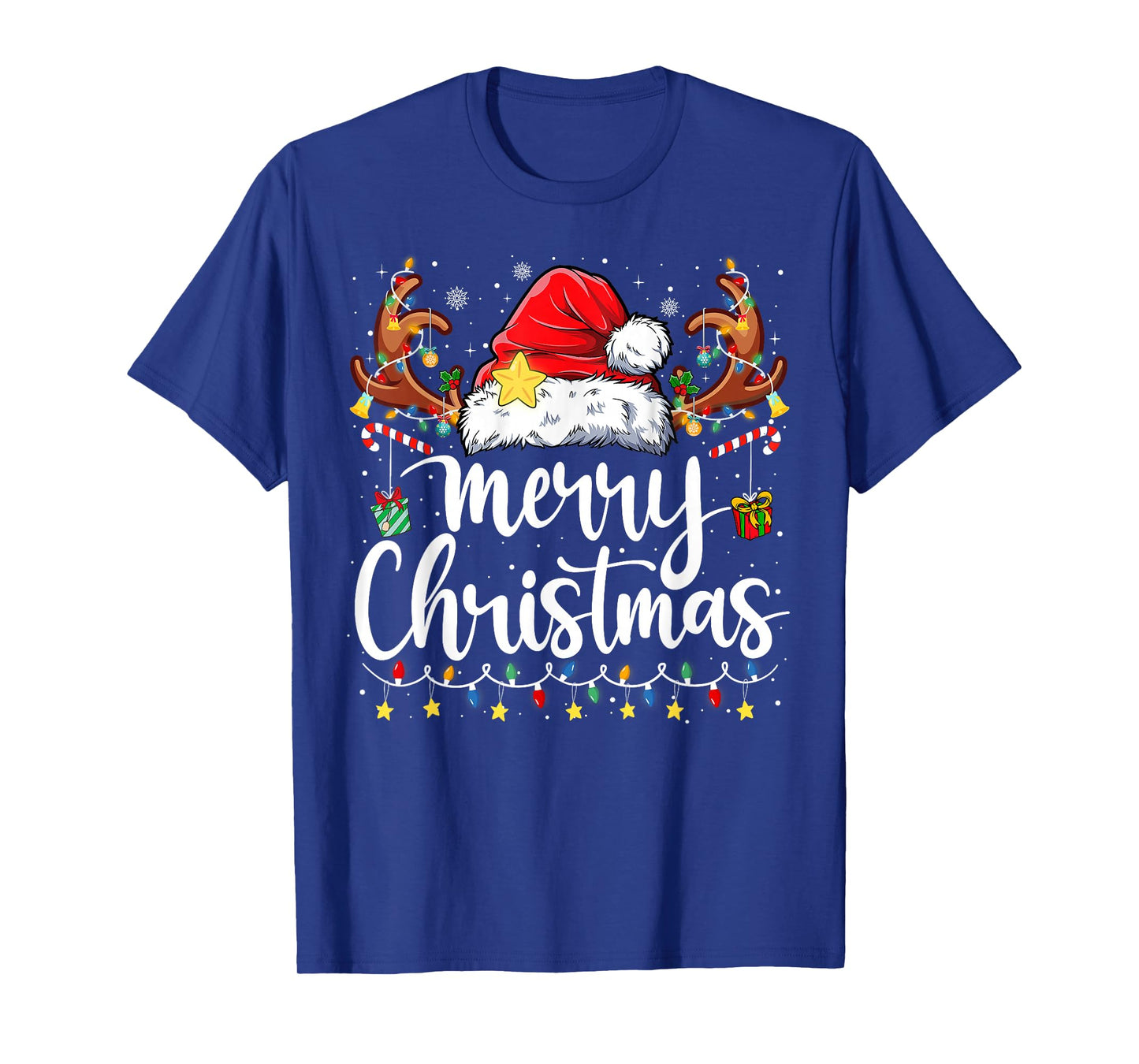 Merry Christmas Lights Red Santa Hat Xmas Family Men Women T-Shirt
