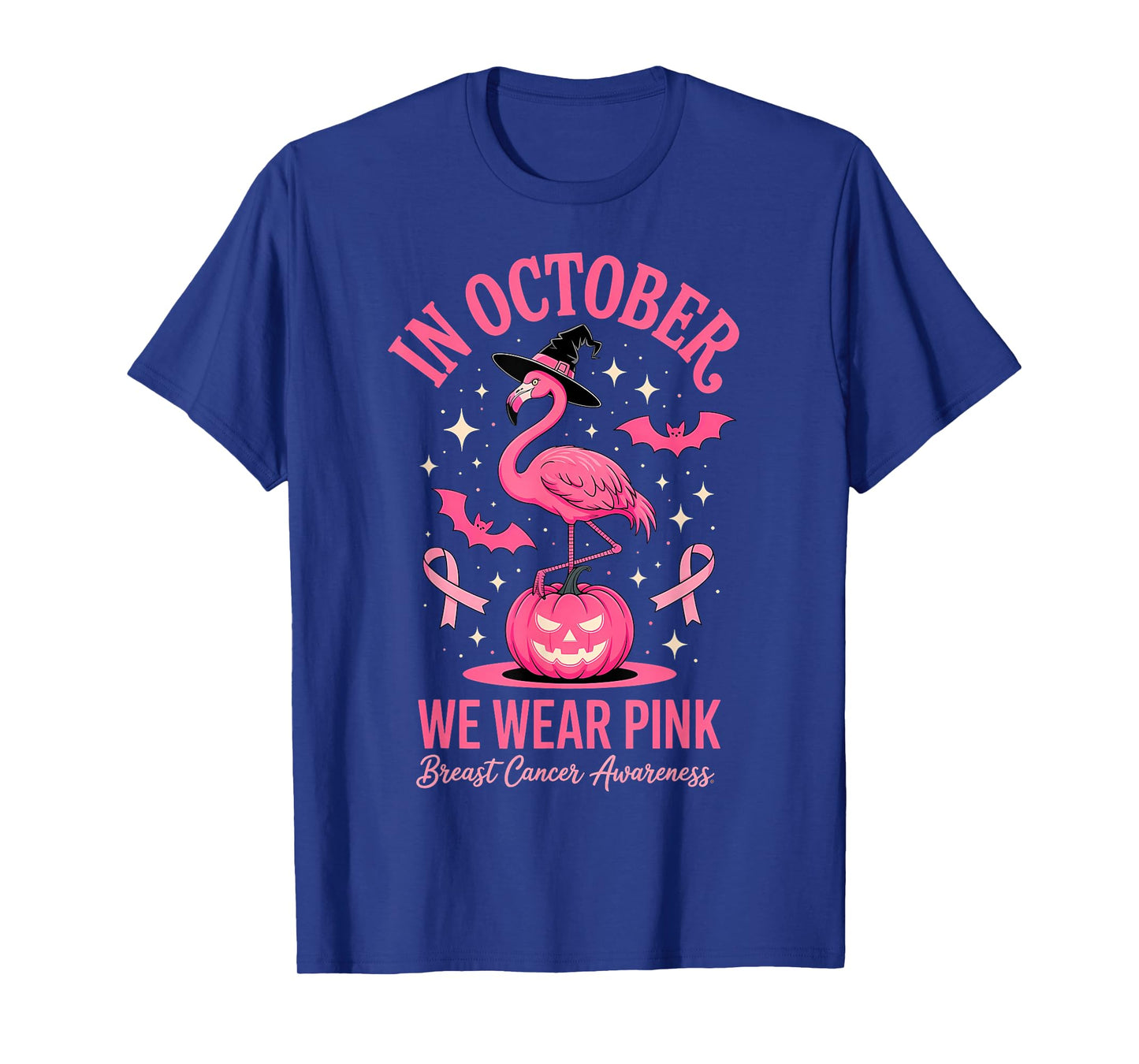 in October We Wear Pink Flamingo Halloween T-Shirt