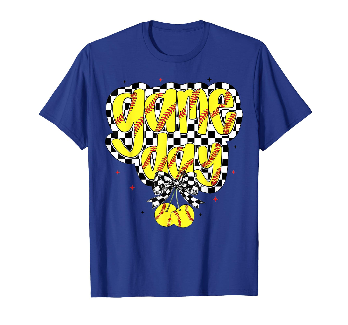 Retro Softball Game Day Cherries Coquette Bow Checkered T-Shirt