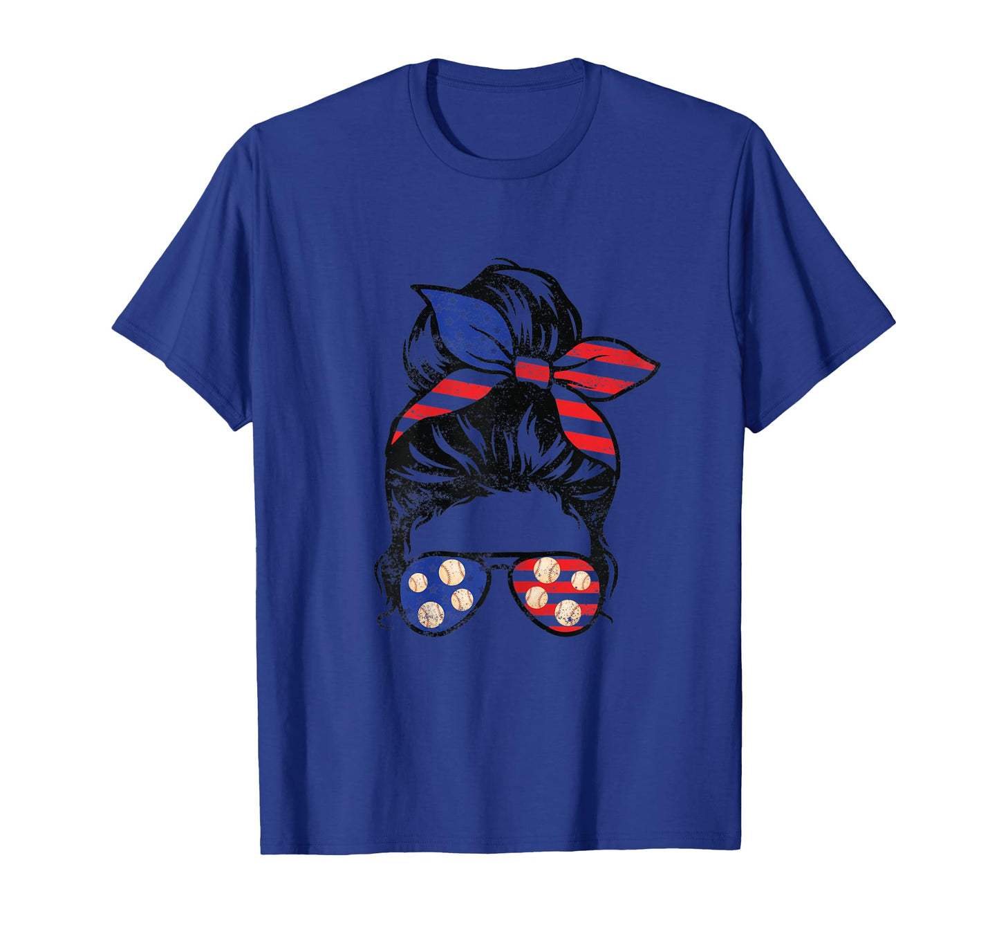 Womens American Flag Baseball Messy Bun Vintage Patriotic 4th July T-Shirt