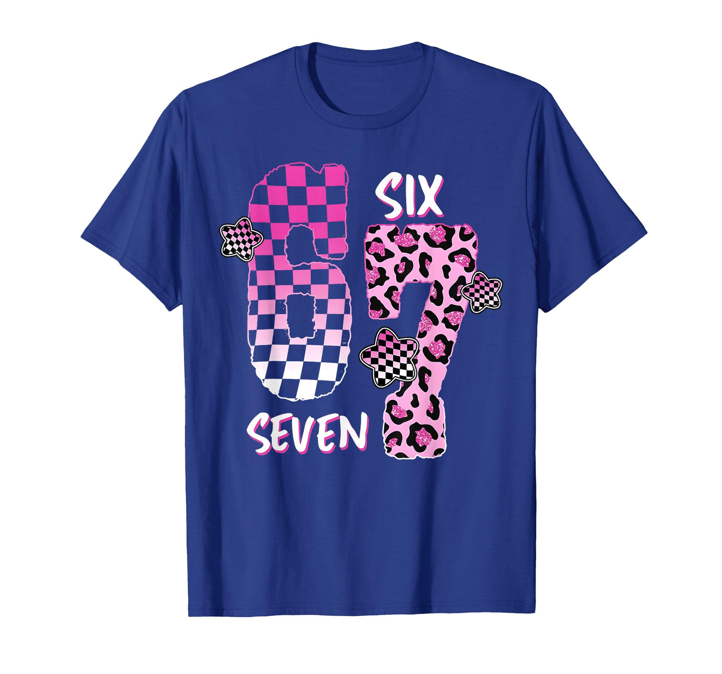 Pink Checker Leopard 6 7 Funny Six Seven Meme Girl Women T-Shirt