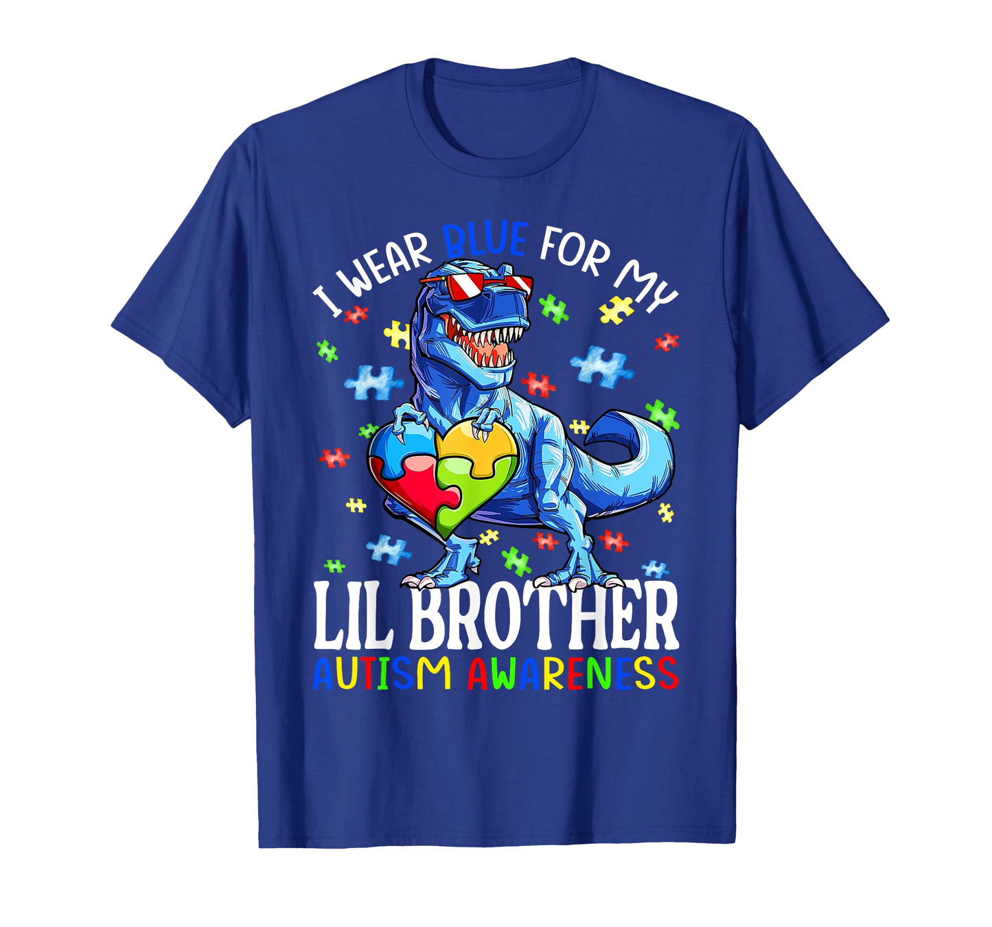 I Wear Blue For My Lil Brother Autism Awareness Dinosaur T-Shirt