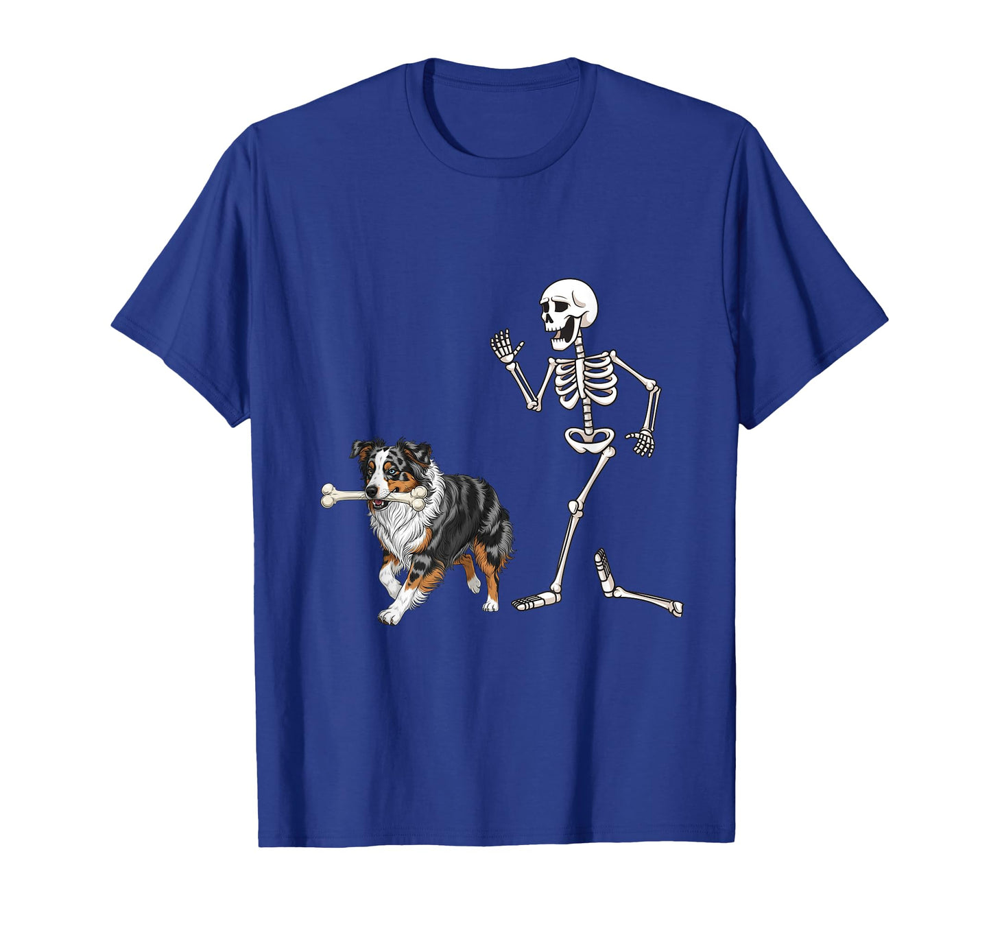Funny Halloween Australian Shepherd and Skeleton T-Shirt